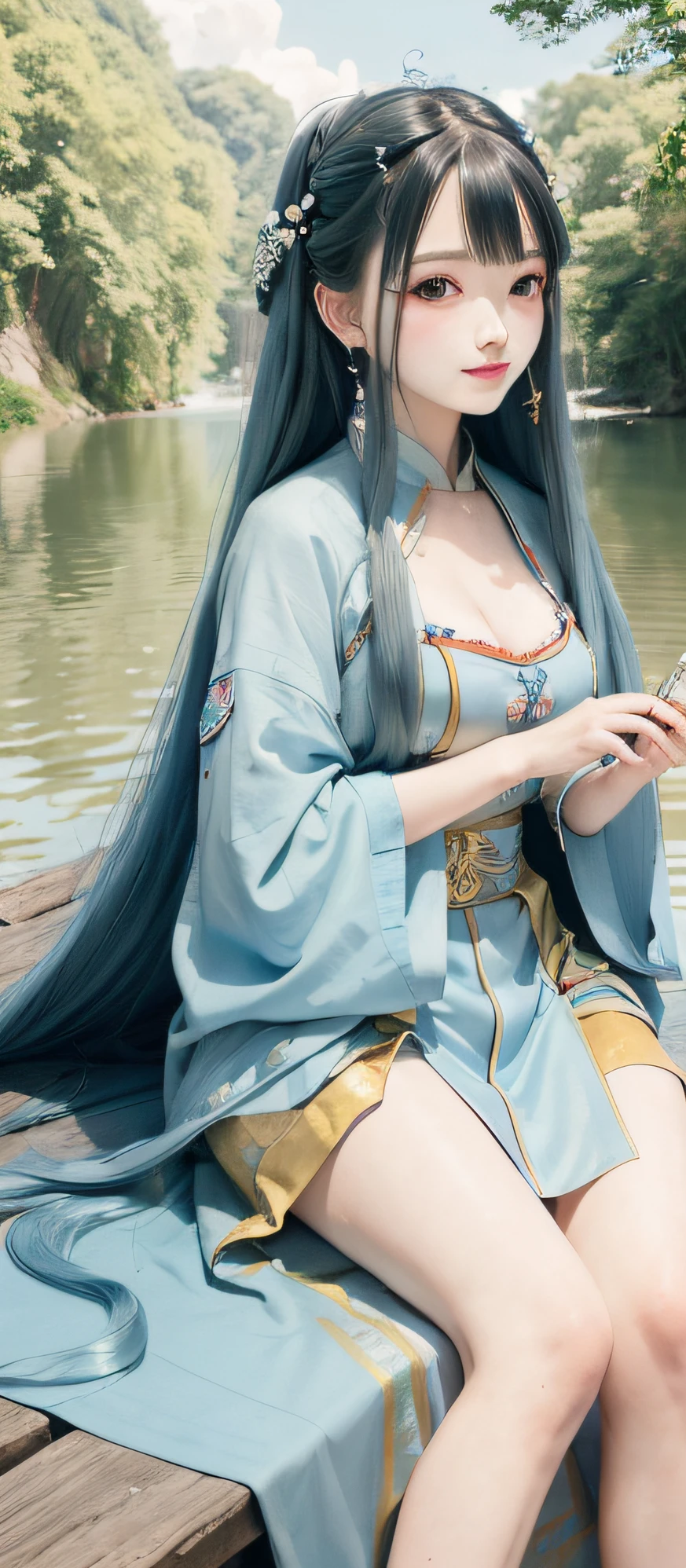 tmasterpiece,best qualtiy,offcial art,8k wallpaper,The is very detailed,photore,Beautiful,1个Giant Breast Girl,sky-bluehair,long whitr hair,Detailed eyes,Forrest gump,Hanfu,lakes,pure,softl smile,bamboos,teas