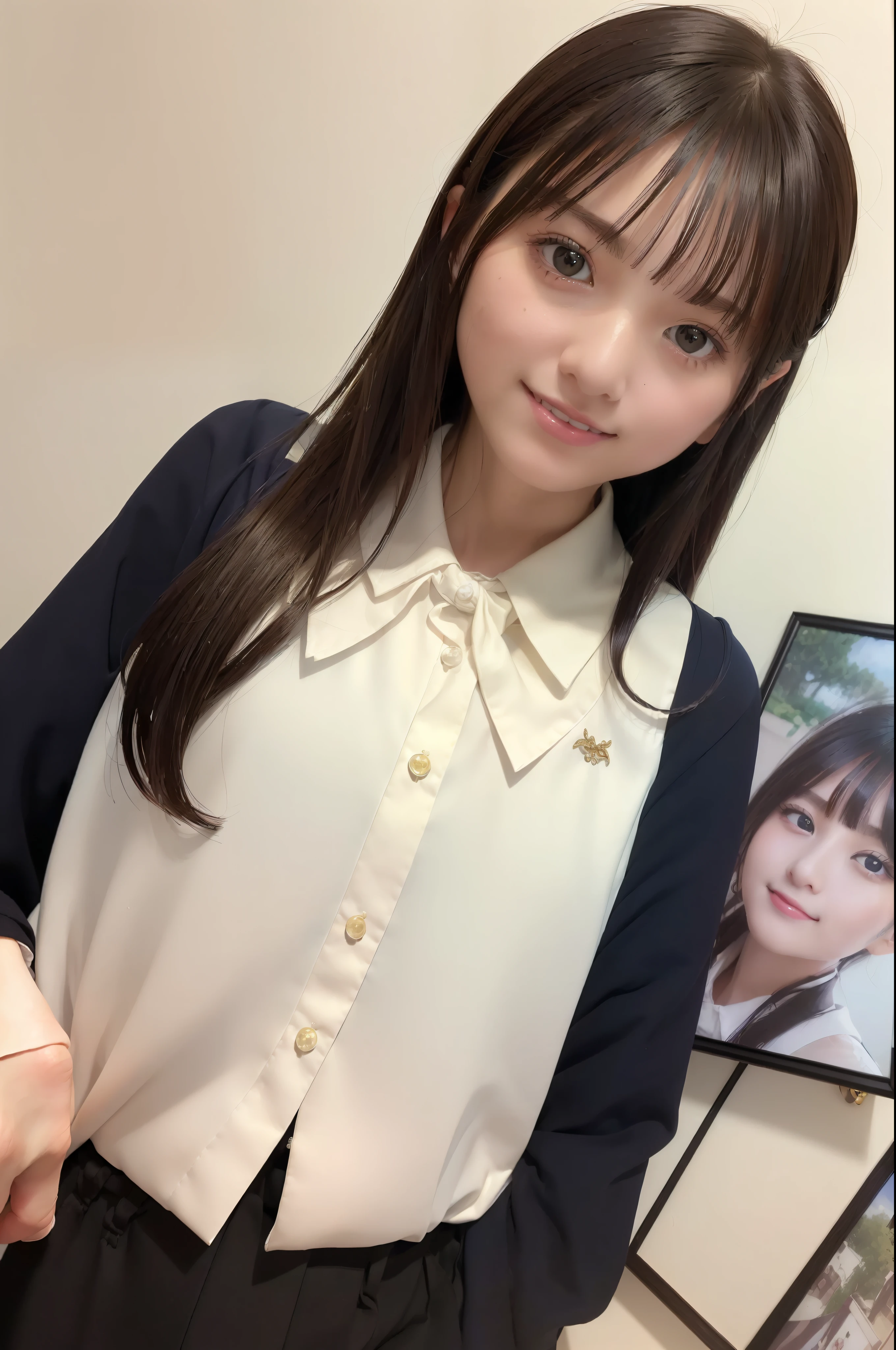 (8K、top-quality、masterpiece:1.2)、(realisitic、Photorealsitic:1.37)、ultra-detailliert、1womanl、 20yr old、独奏、((Beautiful ribbons))、(((A dark-haired)))、(a smile:1.15)、beautiful finely detailed eyes、(shirt with collar:1.1)、business clothes、(short-hair:1.2)、 (((Art Room)))、 picture frame