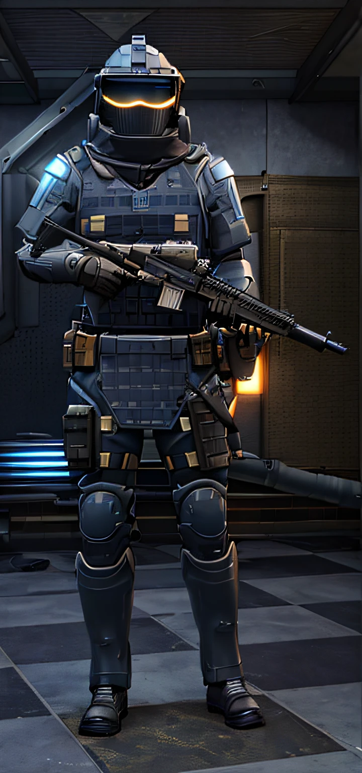 A man in a suit and a gun stood in the room, heavy weapons guy, Heavy brown metal armor, Marine Corps Armor, ingame image, brown heavy armor, full body shot hyperdetailed, heavy detail, intimidating full body armor, Detailed aftermath NPCs! high-angle, full armour, Mechanized police infantry, dark blue segmented armor, dieselpunk armor