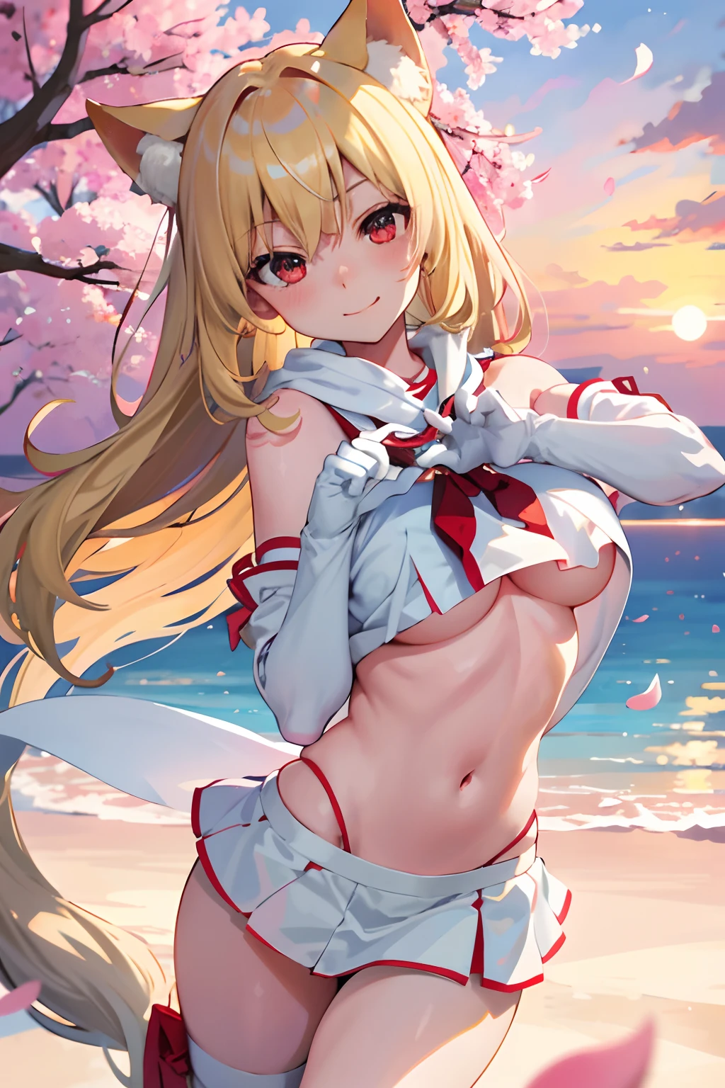 Best quality at best，tmasterpiece，详细的脸，1个Giant Breast Girl，独奏，looking at viewert，exteriors，standing on your feet，the sunset，SakuraNS，Falling petals，
Long_Hair，By bangs，（blond hairbl：1.2），Hair_polypubic hair_Eyes，Red_Eyes，
校服，White Serafou，White sailor collar，White color blouse，blue skirts，Blue scarf，bare shoulders​，White elbow gloves，legsupms，upper legs，Naked of breast，Bare panties
cover_鎖骨、nedium breasts、mediating_Breasts、nabel、Covered_navel、Thigh thick、groin
blush，embarressed，Frowning，Renders，Twinkle，ssmile，
illyasviel von einzbern，