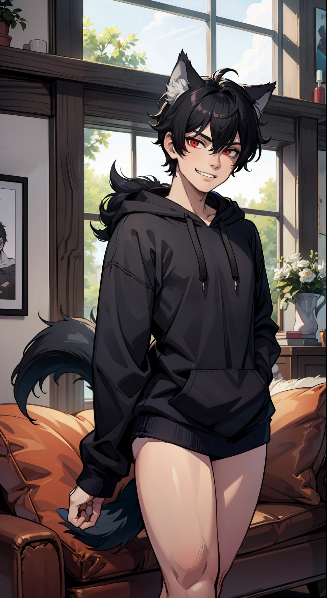 (((((1boy))))), fluffy short black hair, wolf ears, wolf tail, slim figure, ((pale skin)), RED eyes, dead expression, living room setting, light grin, baggy black hoodie, lean figure, big thighs, slim waist