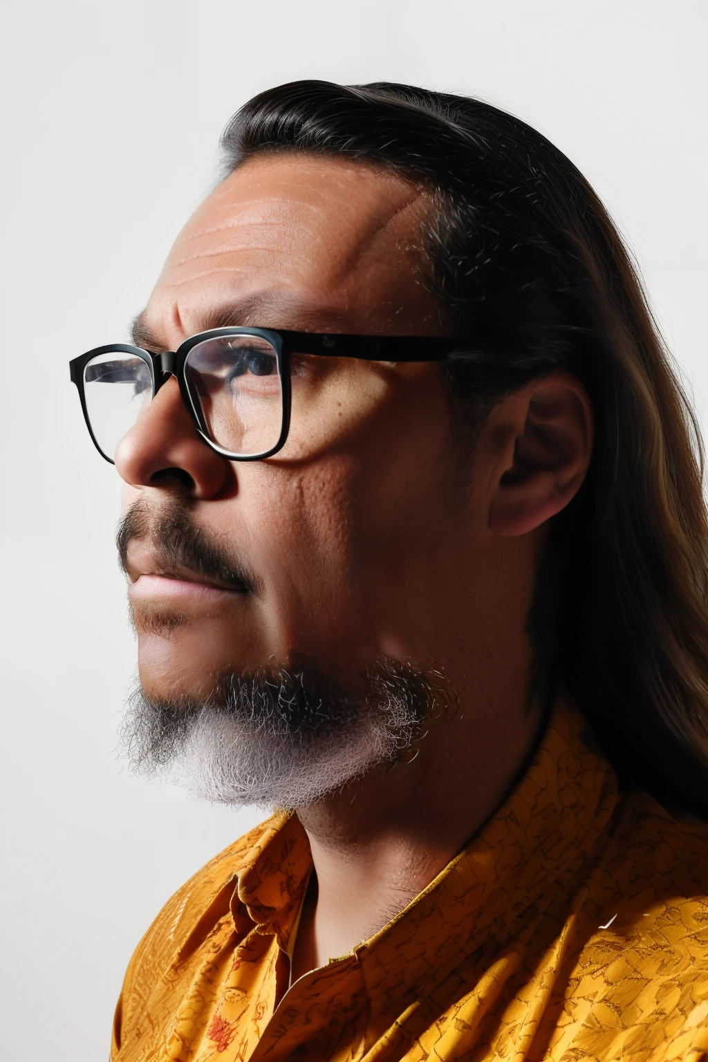 guttonerdvision10, _RAW Portrait_: A half-length frontal portrait of a man with glasses, featuring [long hair | a braid with yellow ribbons], and adorned in a [white shirt | red and yellow floral patterned shirt]. The subject is positioned against an infinite black background, creating a striking contrast. The level of detail in the skin is elevated to 1.2, ensuring every nuance is captured with precision.

The híper-realistic approach with a factor of 1.2 lends a heightened sense of realism to the portrait, capturing even the most subtle features and expressions. The ultra high-definition (UHD) quality ensures exceptional clarity and sharpness, allowing viewers to appreciate the intricate details.

The chiaroscuro lighting technique enhances the dramatic effect, creating a stark interplay between light and shadow. The lighting accentuates the subject's features while creating a captivating visual depth.

The man's choice of [long hair | a braided hairstyle with yellow ribbons] adds character and uniqueness to the portrait. His attire, [white shirt | floral patterned shirt in red and yellow], complements the overall composition, highlighting his style.

The infinite black background adds a touch of timelessness to the portrait, focusing all attention on the subject's captivating presence. The overall result is a stunning, mesmerizing portrayal of the subject in a hyper-realistic manner, invoking a sense of depth and emotion.