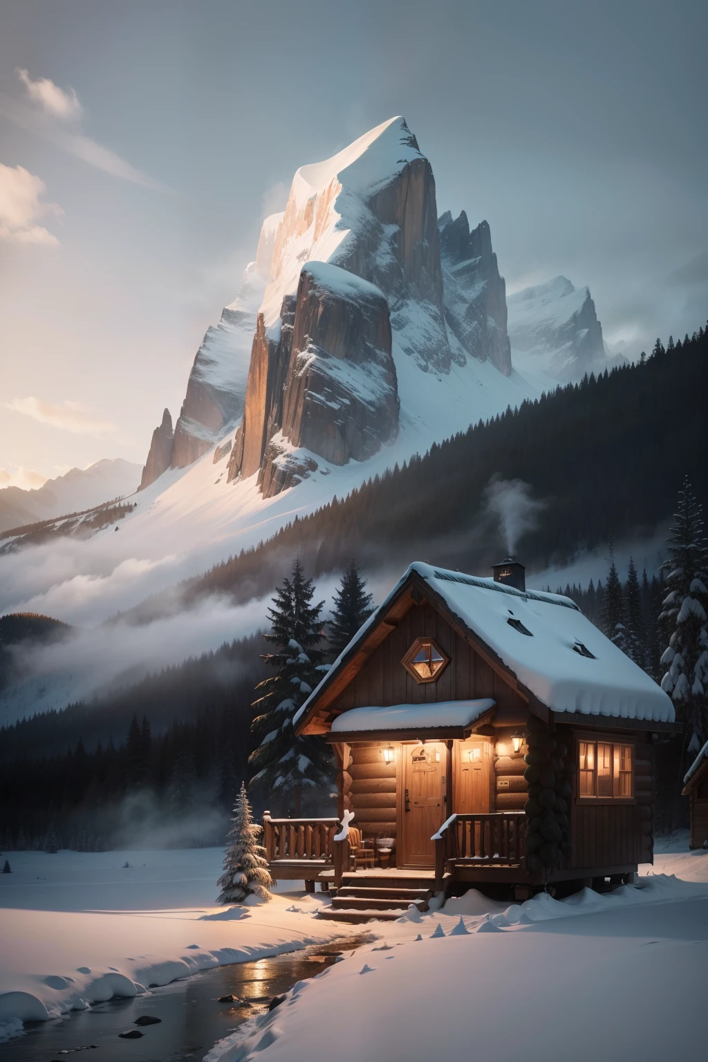 cute magic 400 sq ft tiny house in a forest, 2 sloped roof, big wrapped around porch with table and chairs, on the background are mountains, very dark sky, 4k, dramatic light, high details, landscape similar to swiss alps, fog over water, dramatic sun beams are coming through clouds, place cabin in the center, show some snowy bank in front of the cabin