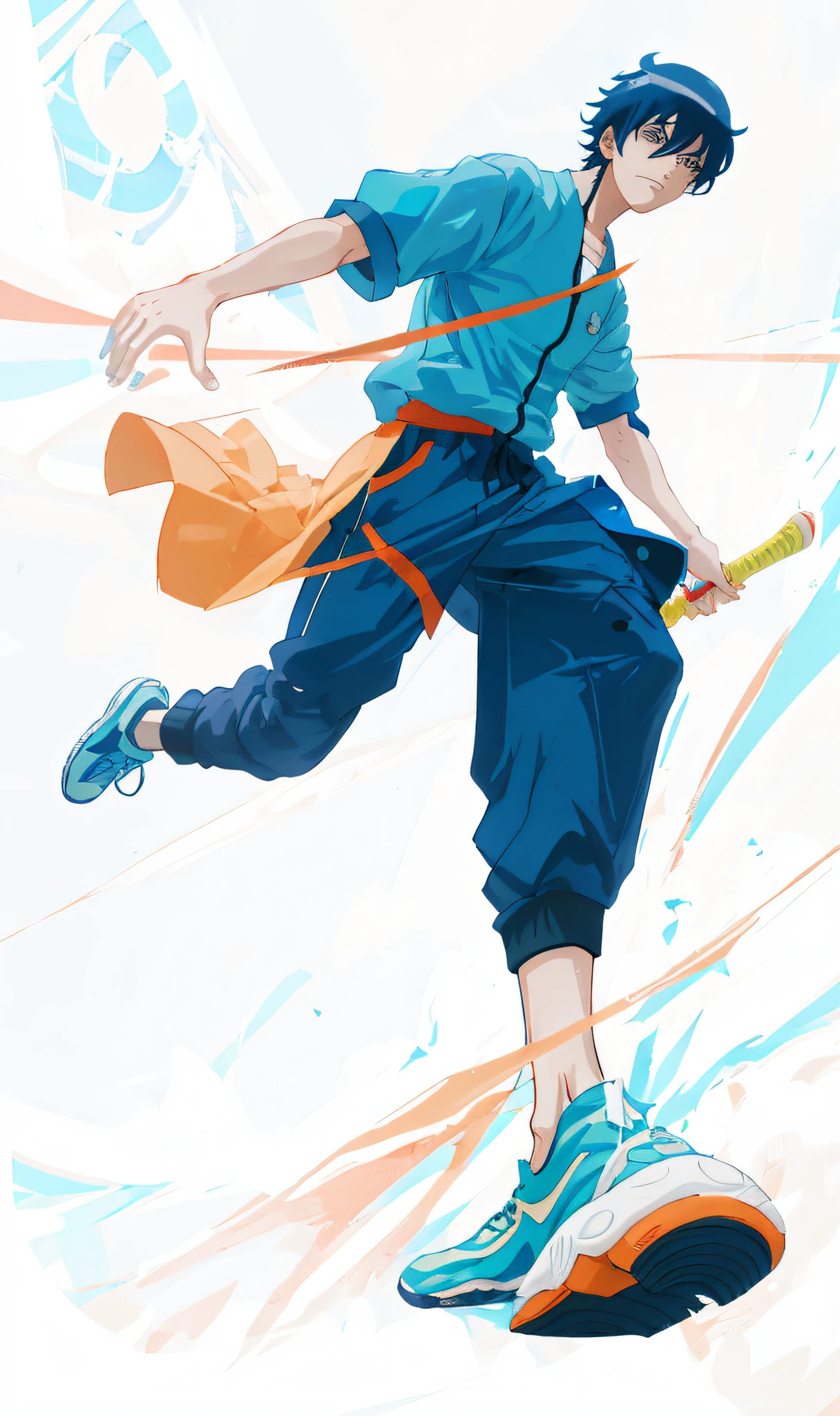 Caricature of a man dressed in blue jumping with a tennis racket, 2 d anime style, anime style character, in style of digital illustration, Anime style illustration, naruto art style, the anime girl is running, anime style digital art, anime full body illustration, [ Digital art ]!!, clean and meticulous anime style, Anime art style, kentaro miura art style