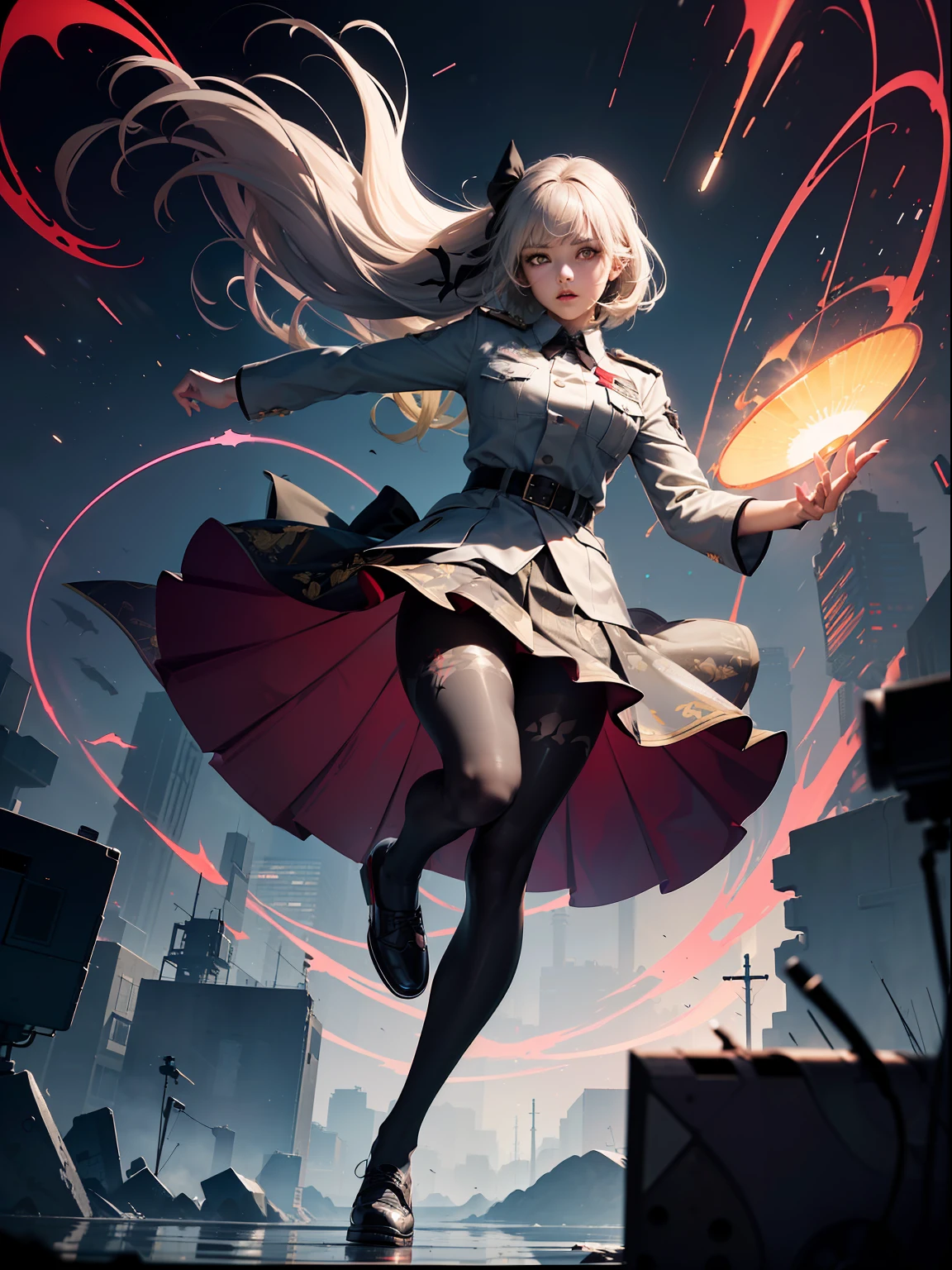 (full body:1.5)，(1girl:1.3),(looking at viewer:1.4)，(anatomy correct:1.3)，(In the paradise of the day:1.3),(Wearing Very thick Printed Pantyhose and Carnage suit JK uniform printed Ultra short pleated skirt and JK uniform leather shoes with bow decoration :1.35), (Light particle effect:1.3),(In pink | amarelo | blue colors| green color |red colour| white colors| black in color| purpleish color| greys| Beige| Flesh color 1.4)，(Glowing eyes:1.3),(Large amplitude action: 1.3)，(Accurate and perfect face:1.4),(Clothing Gloss:1.25),(Skin reflection:1.25),hyper HD, Ray traching, reflective light，structurally correct, Award-Awarded, high detal, lightand shade contrast, Face lighting，cinmatic lighting, tmasterpiece, super detailing, high high quality, high detal, best qualityer, 16k，high contrast,