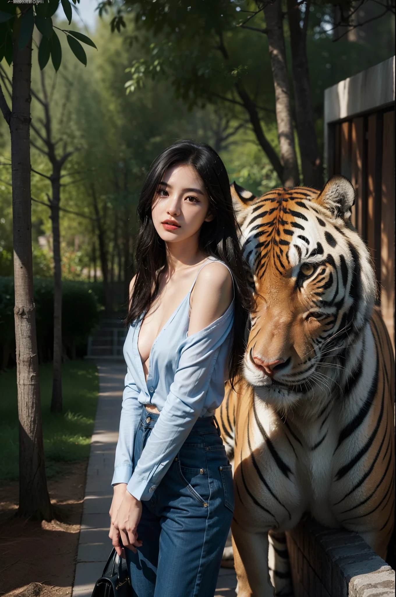 ulzang-6500-v1.1,(RAW photo:1.2), (Photorealistic:1.4), very detailed eyes and faces, Beautiful detailed eyes, hugefilesize, ultra - detailed, A high resolution, The is very detailed,best qualtiy,illustratio,The is very detailed,CG,unified,8k,Wallpapers,Amazing Cleavage,finely detailled,tmasterpiece,VerydetailedCG,unified,light in face,cinmatic lighting, 16 yaers old,lateral division,((pantyless)),(((dynamicposes))),(((sexyposture))),(Camel toes),(full bodyesbian),Surrealist portraits of women by David Hockney and Alphonse Mucha,Fantasyart,photographrealistic,动态照明,art stations,poster for,Volumetriclighting,Very detailed faces,Award-Awarded,in the darkness nigth,deep shading,low tune,Cowboy photos,(formal outfit:1.4),High production level,Exquisite facial features,adolable,Moving,In the illusory dawn moment,reality,offcial art,8K picture quality,Super detail,fine detail skin,Movie Angle,cinematic textures,Movie lighting,tmasterpiece,Best picture quality,Backlight,outline light,one-girl,Beautiful and delicate Korean girl,Small of breast,Flat chest,Slim,emaciated,Pale skin,Big watery eyes,Flawless little face,ssmile,White and straight teeth,Cocked buttocks,Straight light blue long-sleeved shirt,Crisp dark blue trousers,Black leather shoes,Shoulder-length black hair with loose straight black hair,tidy hair,In the wild,outside,A big tiger,The girl wrapped her arms around the tiger's neck,Detailed tiger