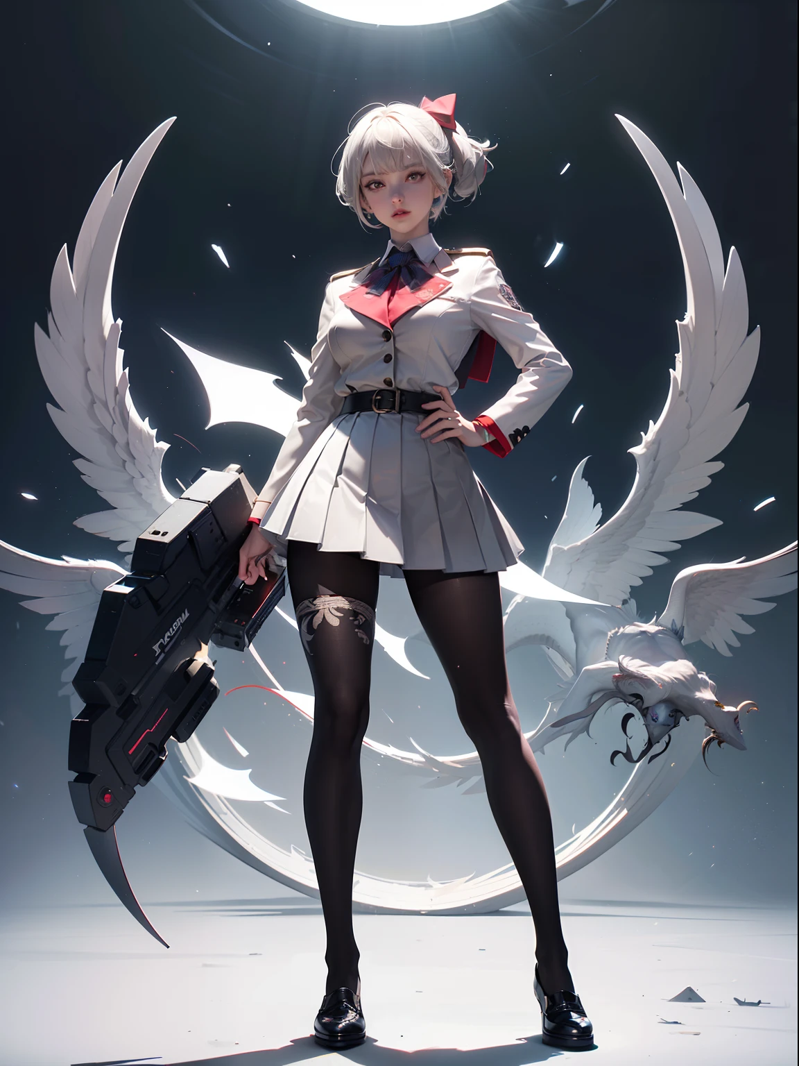 (full body:1.5)，(1girl:1.3),(looking at viewer:1.4)，(anatomy correct:1.3)，(In the paradise of the day:1.3),(Wearing Very thick Printed Pantyhose and Carnage suit JK uniform printed Ultra short pleated skirt and JK uniform leather shoes with bow decoration :1.35), (Light particle effect:1.3),(In pink | amarelo | blue colors| green color |red colour| white colors| black in color| purpleish color| greys| Beige| Flesh color 1.4)，(Glowing eyes:1.3),(Large amplitude action: 1.3)，(Accurate and perfect face:1.4),(Clothing Gloss:1.25),(Skin reflection:1.25),hyper HD, Ray traching, reflective light，structurally correct, Award-Awarded, high detal, lightand shade contrast, Face lighting，cinmatic lighting, tmasterpiece, super detailing, high high quality, high detal, best qualityer, 16k，high contrast,