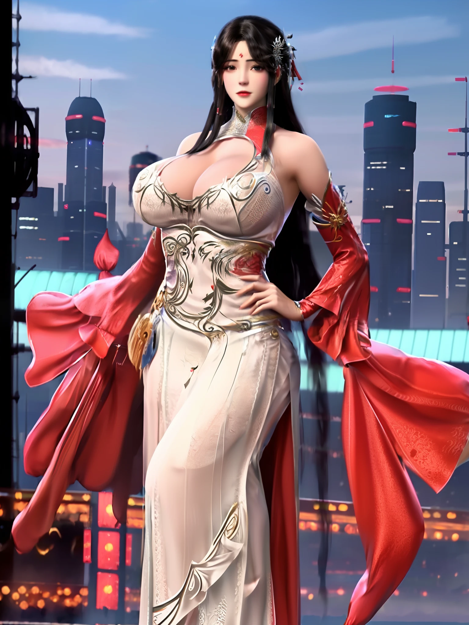 1girl, mature female,long dress, (huge fake breasts:1.5), cityscape, looking at viewer, detached sleeves, hair ornament,forehead mark,cowboy shot, metal trim,bra,see-through, obi,