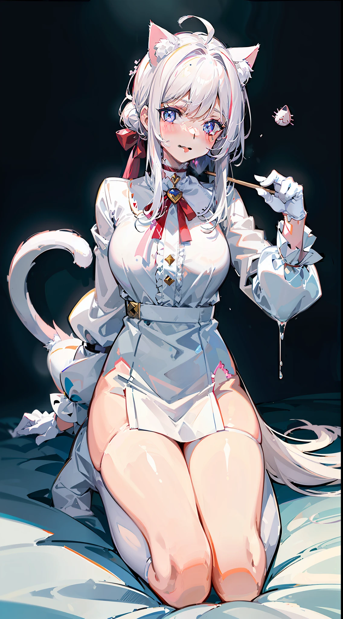 Blush, ((((White color blouse)))),  white long boots, (on top of the bed), Kneeling, D-cups, White hair, ahoge, Heart-shaped pupils, blue color eyes, (((((cat ear))))), is shy，White gloves， torogao, Reflectors, Yandere, anime big breast, Chiaroscuro, Ray tracing, shadowing, hyper HD, Masterpiece, Accurate, Anatomically correct, Textured skin, Super detail, High details, High quality, Award-Awarded, Best quality, A high resolution, 16k，(There is love around you)，((((Tempting))))，((Get wet，semi transparent))，no extra limbs，((a white choker))，((Stick out her tongue，Lick the white liquid))