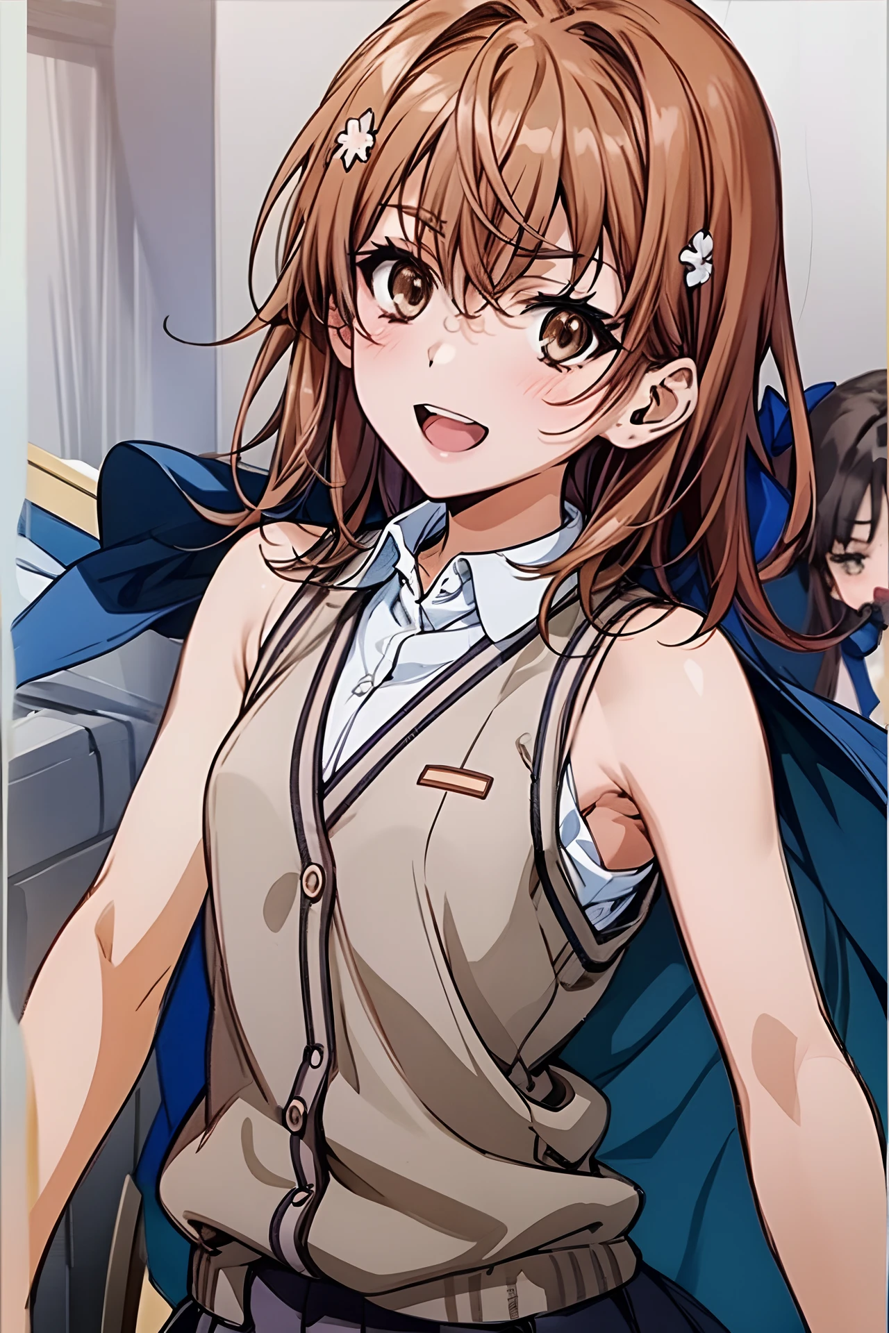 Misaka_mikoto, 1 persons, 独奏,
(illustratio:1.1)、(Top image quality)、(masterpiece:1.1)、(beautiful and clear background:1.25)、(the Extremely Detailed CG Unity 8K Wallpapers:1.1)、(colourfull:0.9)、(depth of fields:0.75)、(Ink splashing:0.95)、(color splashes:0.85)、(watercolor paiting:0.65)、
(cowboy shot:1.4)、(校服:1.4)、:D、doress、耳Nipple Ring、up looking_で_viewer、Neck_bow ribbon、outside of house、Sunnyday、detailed blue sky、Light brown sleeveless cardigan、grey miniskirt、