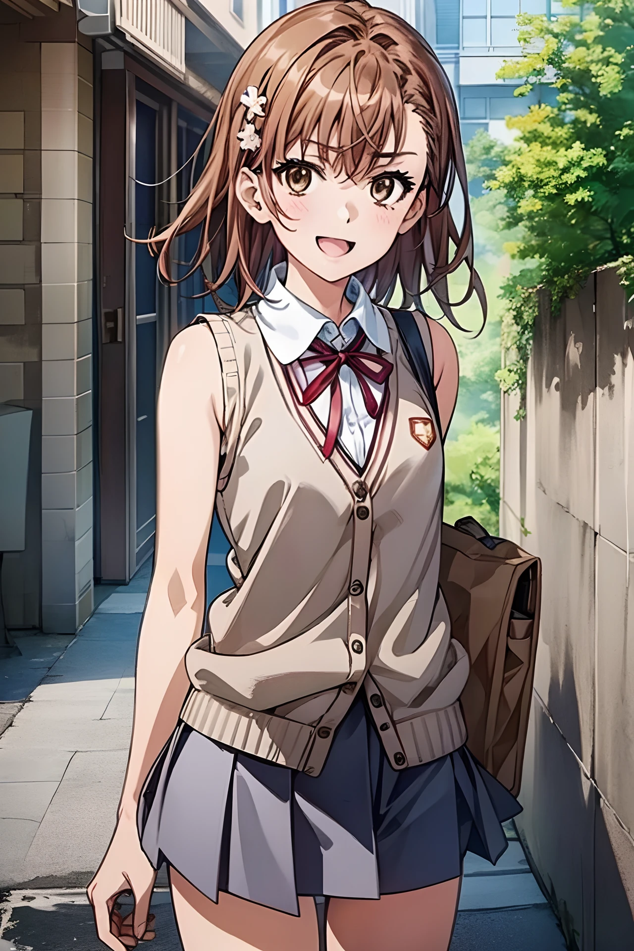 Misaka_mikoto, 1 persons, 独奏,
(illustratio:1.1)、(Top image quality)、(​masterpiece:1.1)、(beautiful and clear background:1.25)、(the Extremely Detailed CG Unity 8K Wallpapers:1.1)、(colourfull:0.9)、(depth of fields:0.75)、(Ink splashing:0.95)、(color splashes:0.85)、(watercolor paiting:0.65)、
(cowboy  shot:1.4)、(校服:1.4)、:D、doress、耳Nipple Ring、up looking_で_viewer、Neck_bow ribbon、outside of house、Sunnyday、detailed blue sky、Light brown sleeveless cardigan、grey miniskirt、