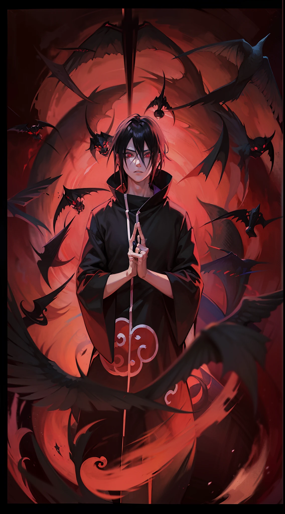 Personagem de anime sasuke uchiha com olhos pretos olhar profundo e roupa da akatsuki,  performing a genjutso technique of illusion, fundo vermelho com corvos voando, estilo dark, estilo supercollor, 4k, superdetalhado