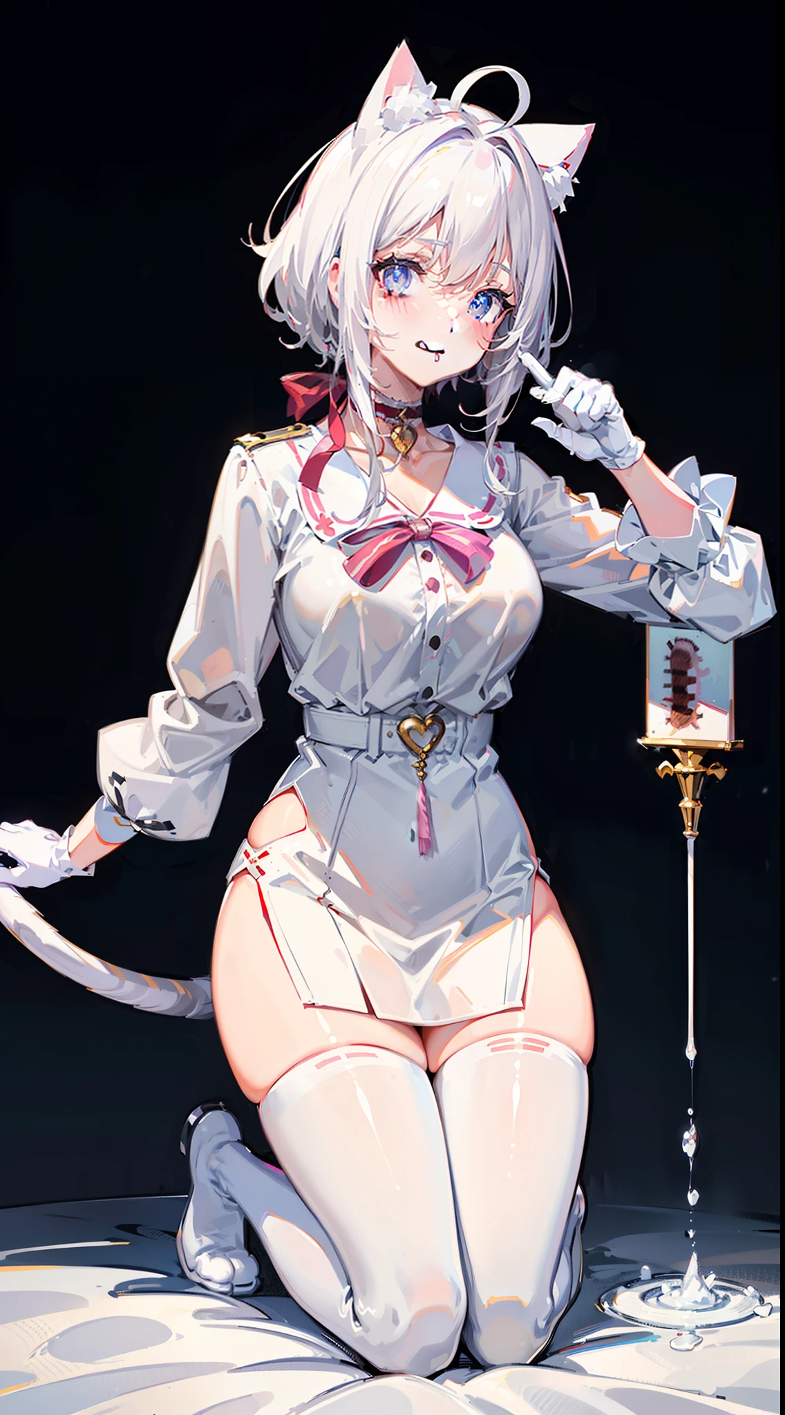 Blush, ((((White color blouse)))),  white long boots, (on top of the bed), Kneeling, D-cups, White hair, ahoge, Heart-shaped pupils, blue color eyes, (((((cat ear))))), is shy，White gloves， torogao, Reflectors, Yandere, anime big breast, Chiaroscuro, Ray tracing, shadowing, hyper HD, Masterpiece, Accurate, Anatomically correct, Textured skin, Super detail, High details, High quality, Award-Awarded, Best quality, A high resolution, 16k，(There is love around you)，((((Tempting))))，((Get wet，semi transparent))，no extra limbs，((a white choker))，((Stick out her tongue，Lick the white liquid))