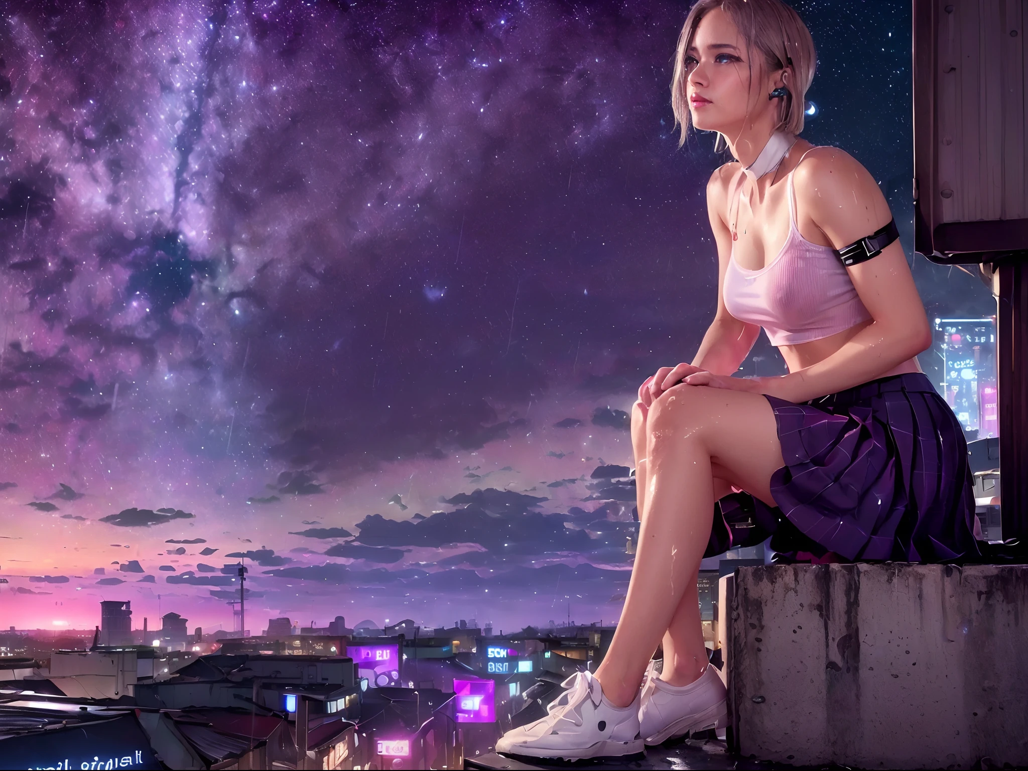 (realism:2), a girl sitting legs hanging, (on a edge roof ledge), (outdoor:1.4), (rain drop:1.5), (white school uniform, sweaty, serafuku, pleated skirt:1.5), (cityscape:1.5), (rainy city:1.45), (the milky way in the sky:1.45), (dusk:1.5), (small breasts), photoreal, panoramic anamorphic, looking across the shoulder, (beautiful sky, stars:1.65), (masterpiece), (see through:1.4), (soaking wet:1.4), (sexy:1.3), (cyber slums:1.4), (slums town on top:1.5), (cyberpunk 2077), beautiful neon city, (blue eyes:1.2), gray hair, multicolored eyes, multicolored hair, (bob cut, short hair with long strands)