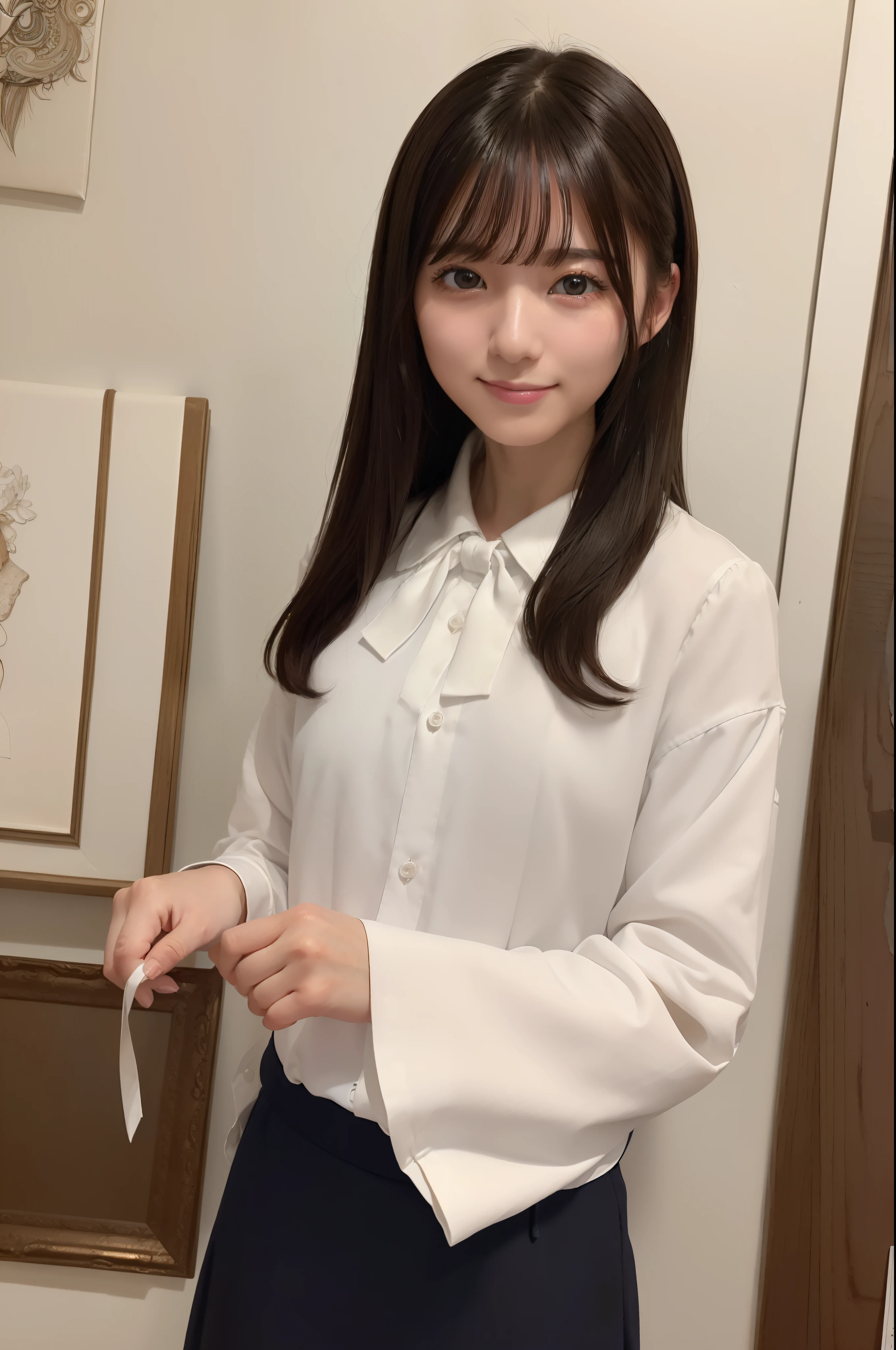 (8K、top-quality、​masterpiece:1.2)、(realisitic、Photorealsitic:1.37)、ultra-detailliert、1womanl、 20yr old、独奏、((Beautiful ribbons))、(((A dark-haired)))、(a smile:1.15)、beautiful finely detailed eyes、(shirt with collar:1.1)、business clothes、(short-hair:1.2)、 (((Art Room)))、 picture frame