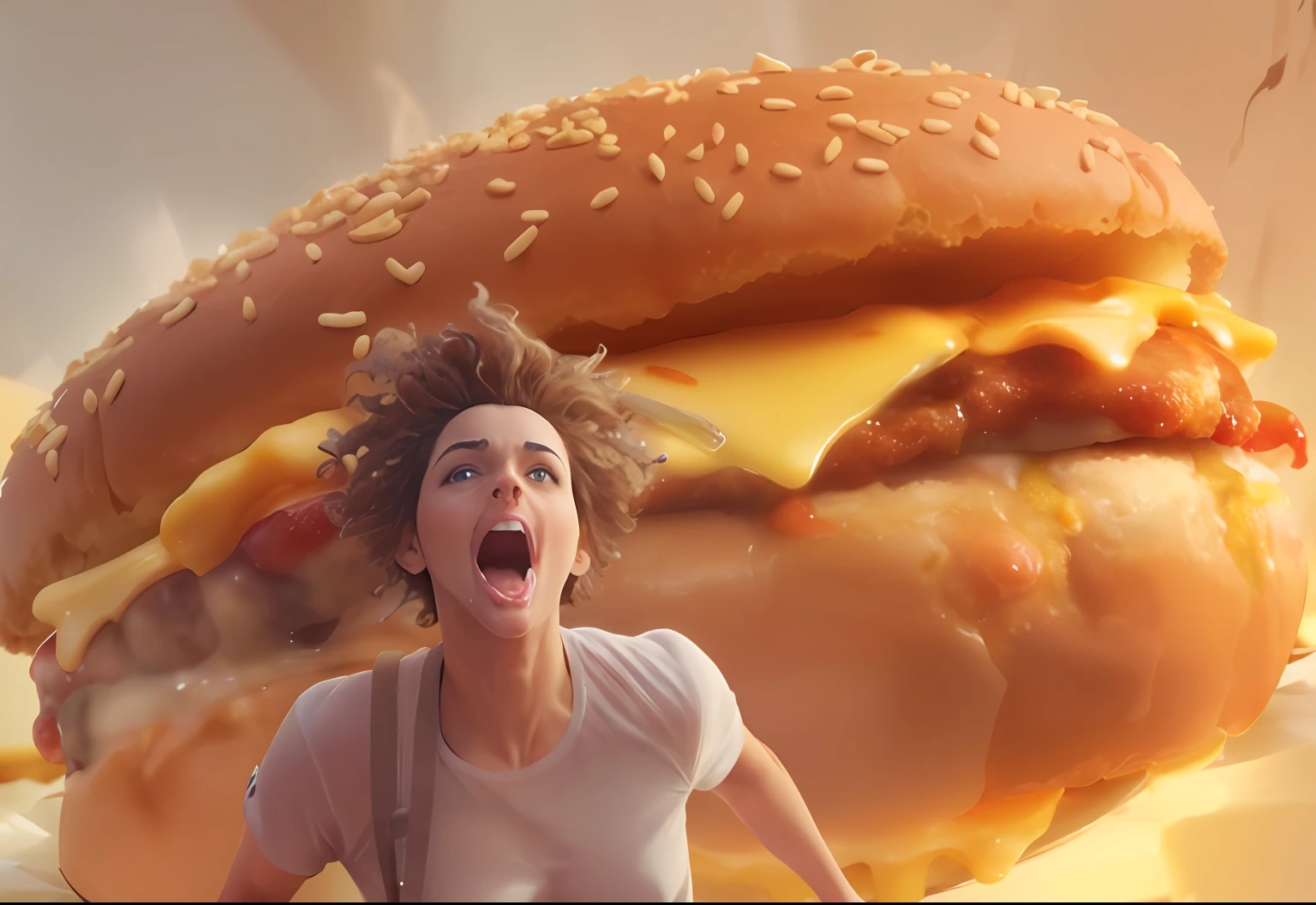 Araffe com uma mulher de corpo todo, white shirt and a hamburger in the background, Alimentos comerciais 4K, operating on burgers, fast food review, CGI hiperrealista, CGI realista, imagem de comida super realista, fast food, CGI Efeitos Especiais, devours a hamburger, burger, comer um cheeseburguer, cheeseburguer, Hiper realista", Hiper realista ", burger with human eyes