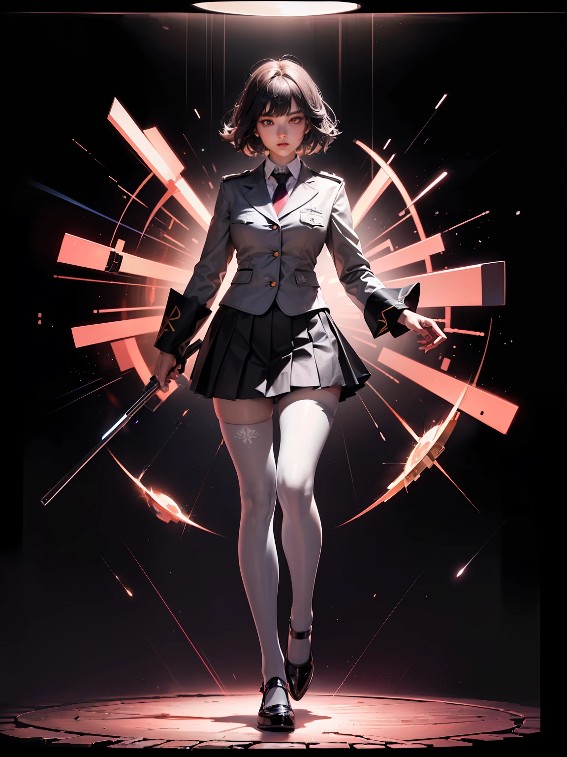 (full body:1.5),(1girl:1.3),(looking at viewer:1.4),(anatomy correct:1.3),(In the paradise of the day:1.3),(Wearing Colossus suit JK uniform printed Ultra short pleated skirt and JK uniform leather shoes with bow decoration ,and Very thick Printed Pantyhose :1.35), (Light particle effect:1.3),(In pink | amarelo | blue colors| green color |red colors | white colors| black in color| purpleish color| greys| Beige| Flesh color 1.4),(Glowing eyes:1.3),(Large amplitude action: 1.3),(Accurate and perfect face:1.4),(Clothing Gloss:1.25),(Skin reflection:1.25),hyper HD, Ray traching, reflective light,structurally correct, Award-Awarded, high detal, lightand shade contrast, Face lighting,cinmatic lighting, tmasterpiece, super detailing, high high quality, high detal, best qualityer, 16k,high contrast,