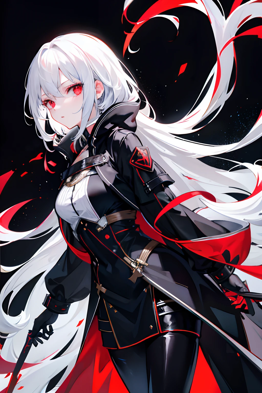 1girll,nightcity,Sateen,coat large,hooding,assassins,White color hair,Long straight hair,daggers,stocklings,Sparkling red eyes,Exquisite details,super high precision