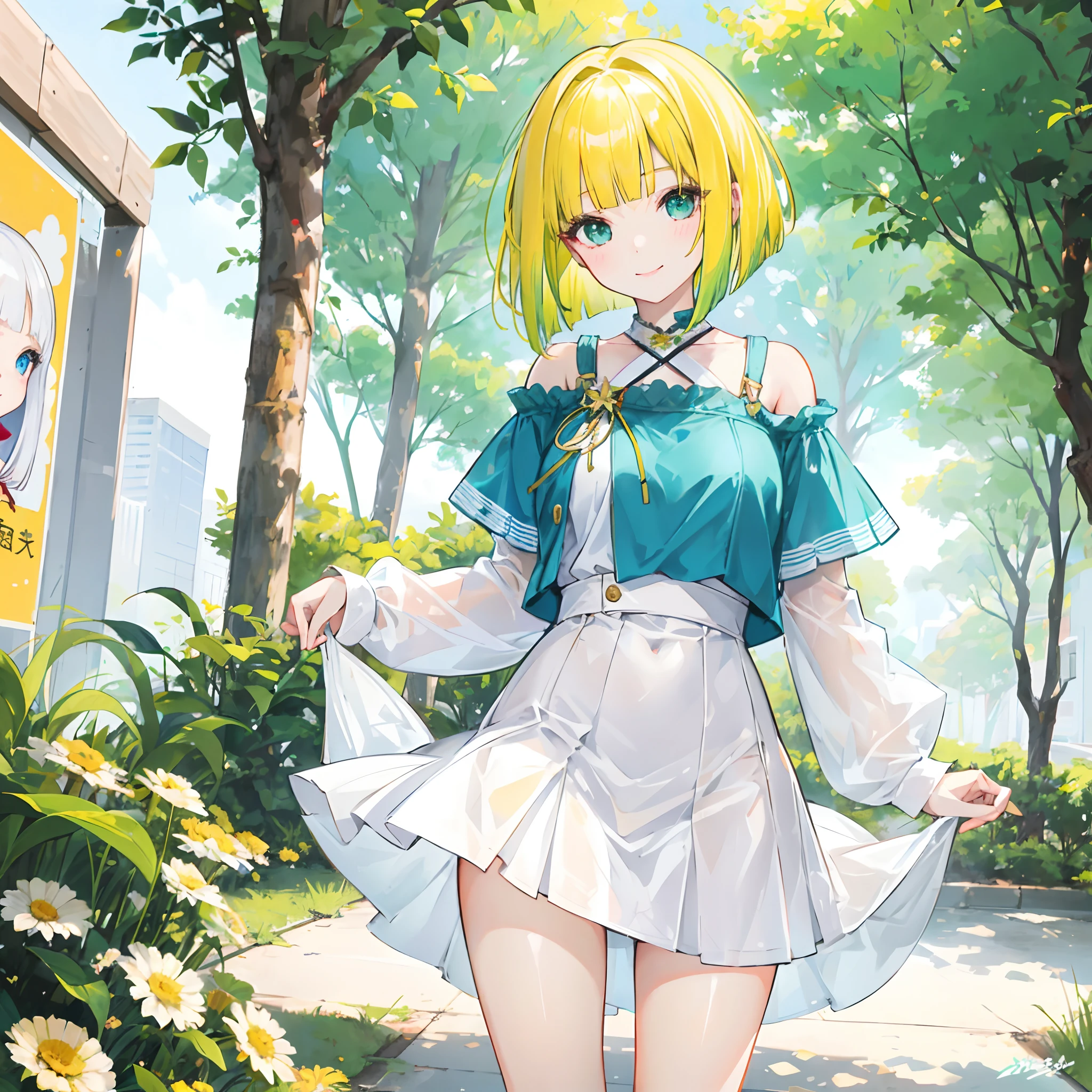 1 girl, very beautiful, clean white skin, big beautiful eyes, 22 years old, bob cut, yellow-green hair, break,OOTD,shyly smiling:1.1