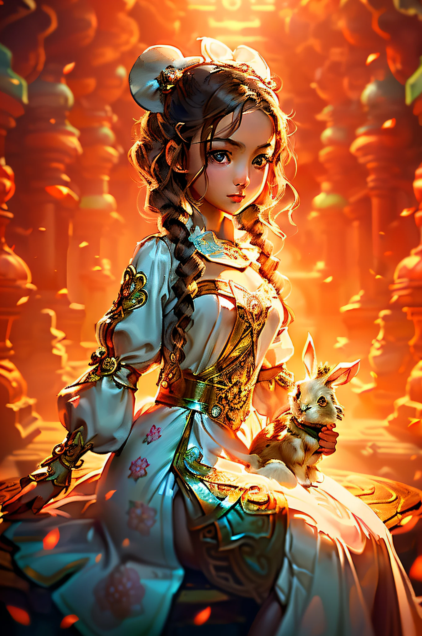 Anime girl sitting on stone platform,On the leg is a rabbit, Alice X. zhang, Alphonse mucha and rossdraws, fantasy style art, Fantasy art style, Epic fantasy style art, Epic fantasy art style, Cute detailed digital art, Epic fantasy digital art style, Detailed digital 2D fantasy art, Kushatt Krenz Key Art Women