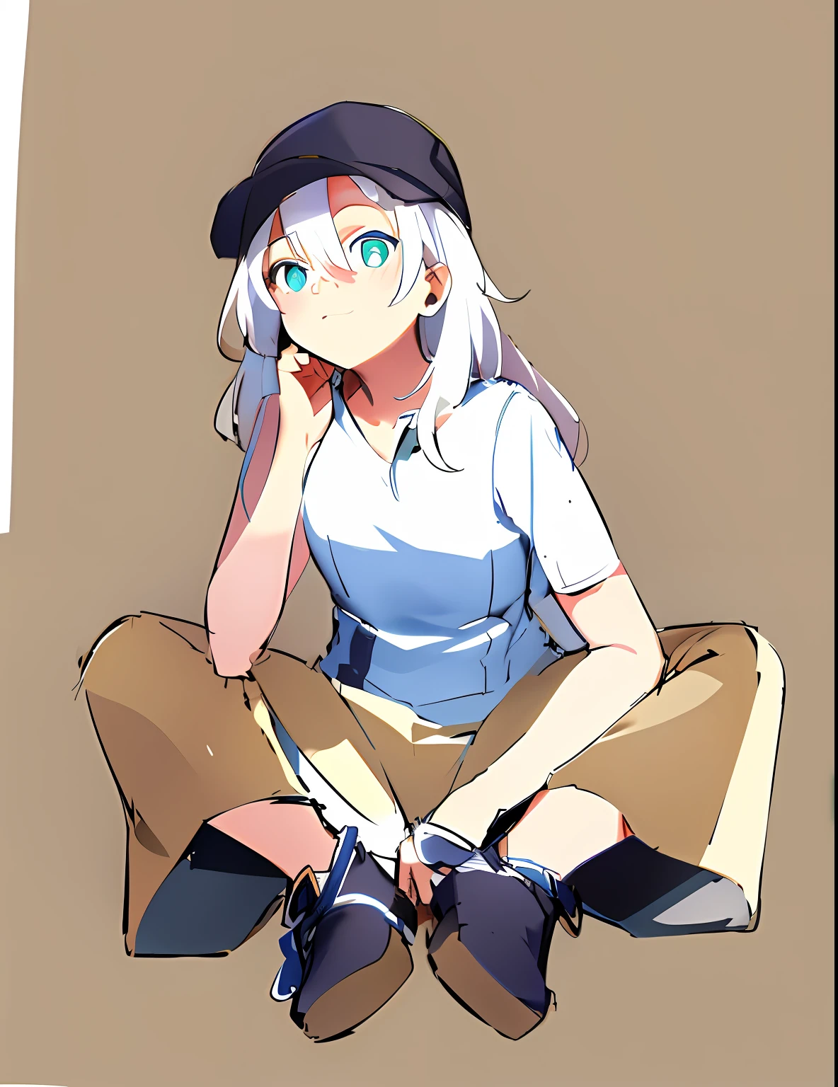 drawing of a girl sitting on the ground with her hand on her face, casual pose, sketchy artstyle, thick outlines, line sketch!!, relaxed pose, line sketch, clean anime outlines, pudica pose gesture, thinking pose, thoughtful pose, sketched, old sketch, matte sketch, heavy outlines, anime sketch, sitting pose, cool pose, neutral pose