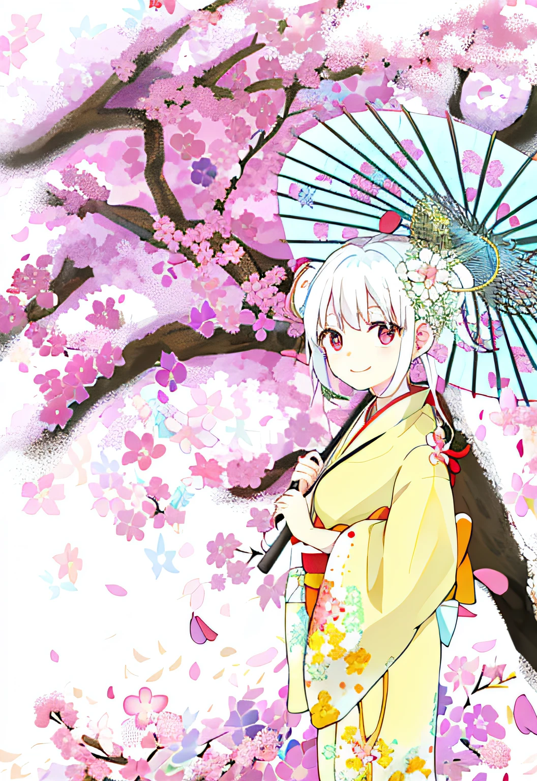 Anime girl in kimono holding an umbrella under a tree, White-haired god, Sakura Haruno, in a kimono, komono, sakura petals around her, seasons!! : 🌸 ☀ 🍂 ❄, white haired lady, nyaruko-san, cheerfulness!!!, the non-binary deity of spring, sakura season, shikamimi, shirabii,red pupils
