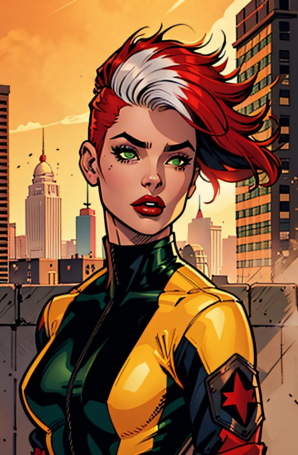 master part, best quality, 1girl, red lips, sozinho, jaqueta bomber, olhos negros, terno verde e amarelo, cabelo curto raspado, cabelos pretos,  Auburn Cabelo, Cabelos em dois tons, sombra, Anna Lebeau, franja, side-lighting, pele fina, retrato, Superheroíne, best illustration, Fundo da cidade,