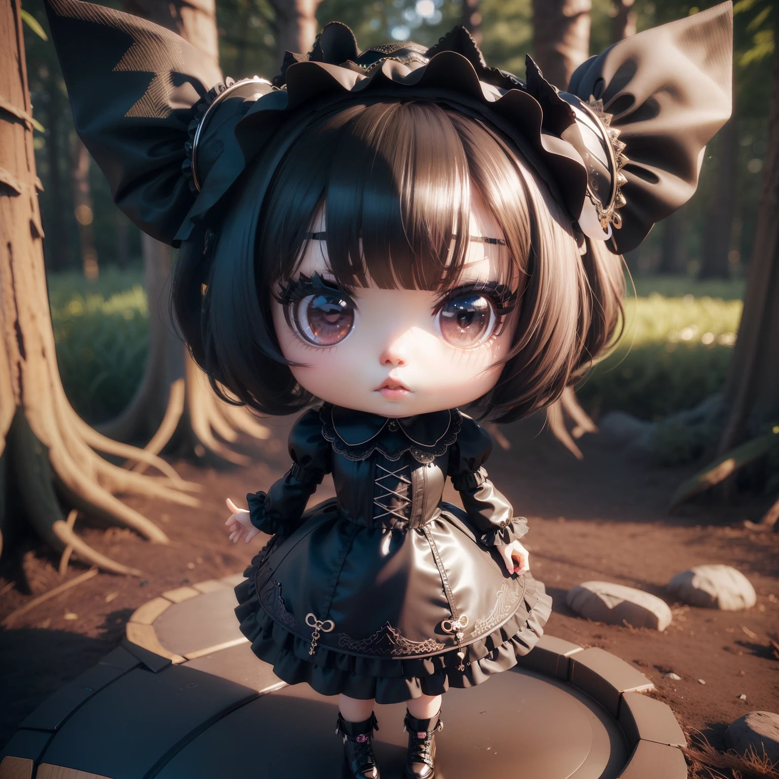 (((Chibi 3D))) AI Very cute and beautiful chibi anime// Big shining eyes,fierce look,Dark makeup,Deep Bordeaux lips,Black Goth Lolita Fashion,She wears a lace headdress on her head,Being in a dark forest,Have a small black enamel bag,Wear black platform shoes