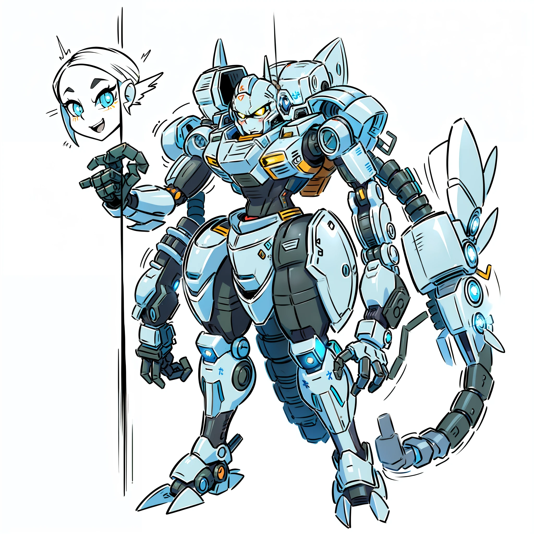 in lab, similar to ER, a battle Droid as a butler helping a small girl that is a mad-scientist, (NSFW:0.8), ((masterpiece)), best quality, a cartoon anime style, toonish style (cute figure), (male, masculine, sexy, handsome), The cute cartoonish robots had identical features - Helmet, gray face, big round eyes, shining eyes (color glow), shoulder pads, small breast plate, abbs, mecha box limbs, reimagine a male mecha space ranger soldier character with a strong and heroic appearance, (futuristic armor suit:1.5), (positive expressions:2), four arms, tail with blade. Use the color scheme of metallic (white and orange) for his armor suit. In the laboratory, scientists meticulously crafted identical replicas of mecha robots, every detail and metallic sheen perfectly recreated, ready to be deployed for their futuristic missions (front view and back view), Emphasize the dynamic pose and the presence of his being a boss in the galaxies and stars in the to enhance the sense of his ready for anything in a space adventure.