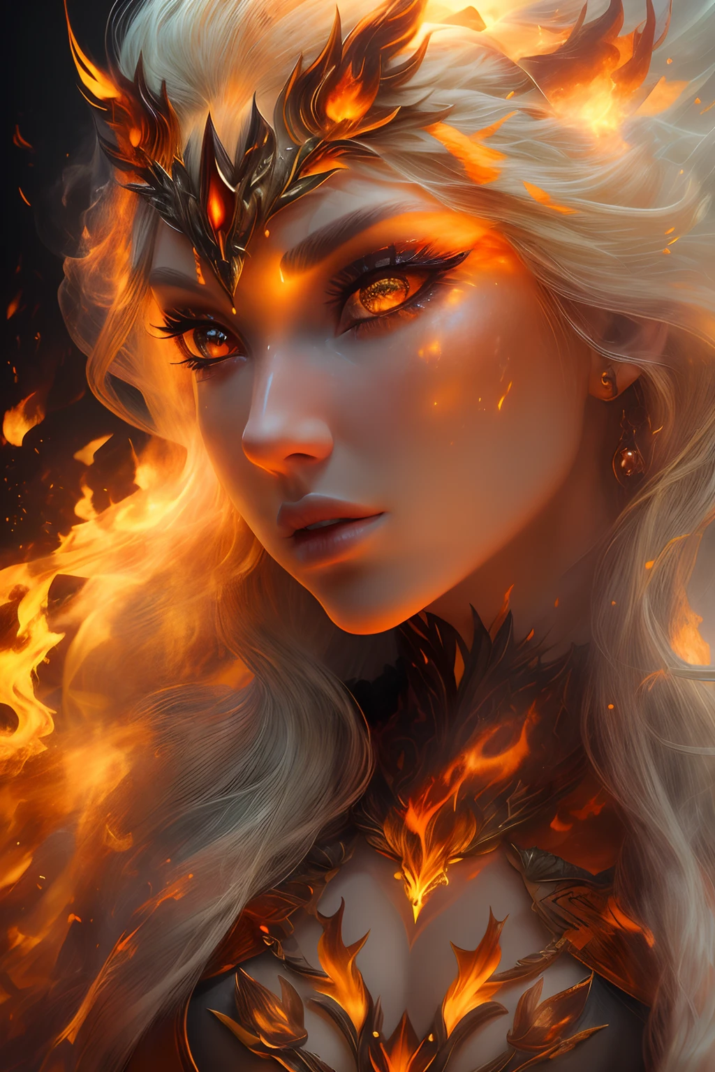 This (realistic fantasy) art contains embers, real flames, real heat, and realistic fire. Generate a masterpiece artwork of a ite female fire druid with large (((orange and gold))) eyes. The fire druid is awe-inspiring with beautiful ((realistic fiery eyes)) alight with confidence and power. Her features are elegant and well defined, with ((soft)) and (((puffy))) and (((smooth))) lips, elven bone structure, and realistic shading. Her eyes are important and should be the focal point of this artwork, with ((extremely realistic details, macro details, and shimmer.)) She is wearing a billowing and glittering gown ((made of realistic flames)) and jewels that glimmer in the fire light. Wisps of fire and smoke line the intricate bodice of the dress. Include bumps, stones, fiery iridescence, glowing embers, silk and satin and leather, an interesting background, and heavy fantasy elements. Camera: Utilize dynamic composition techniques to enhance the realistic flames.