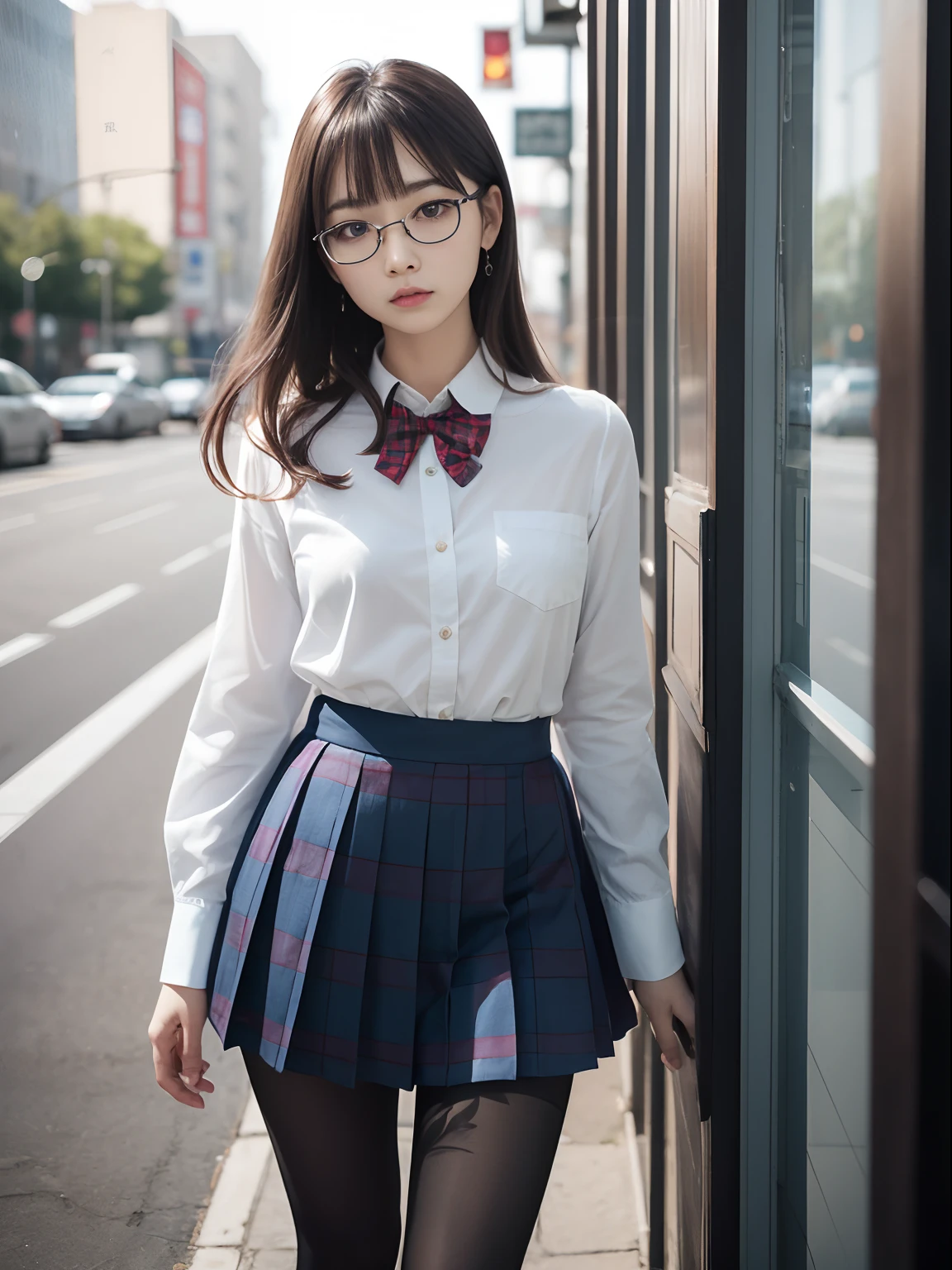 (8K、Raw photography、top-quality、masterpiece:1.2),((Twin-tailed)),glamor,Chromo-white skin,cocky,School,watching at viewers,Looking at the front,Muchimuchi,Erotic,Pupils,(Light blue bra seen through the shirt),de pele branca,kne,((Black pantyhose)),absurderes,a small face,small tits,flat breast,Parting the bangs from the middle、Forehead visible,(a cold expression,Tight eyes,glares,Bullish,skinny,Rasping,irate)、masterpiece,top-quality、超A high resolution,Raw photo,ren,Beautiful fece,One Person, 独奏,eye glass,,Dark look,Small breasts,fullllbody,Round glasses,JK school uniform,hi-school girl,A Japanese Lady,is standing,(Photorealsitic:1.37)、Photon mapping,Realistic、Beautie,Cute little face,Brown-eyed、Black socks、(Red bow tie)、Radio City、Physically Based Rendering、depth of fields、Blurry background、a picture,Body,beauty legs, Long legs, Thin leg,(Bangs are visible), hair, s lips, Blue_The eye, nosesoft,(Light blue shirt), (Navy and blue and white plaid pleated skirt), Knees are visible,Sheer clothing,, Thigh, Black cotton socks,Nogizaka Idol, 女優, Japanese ido