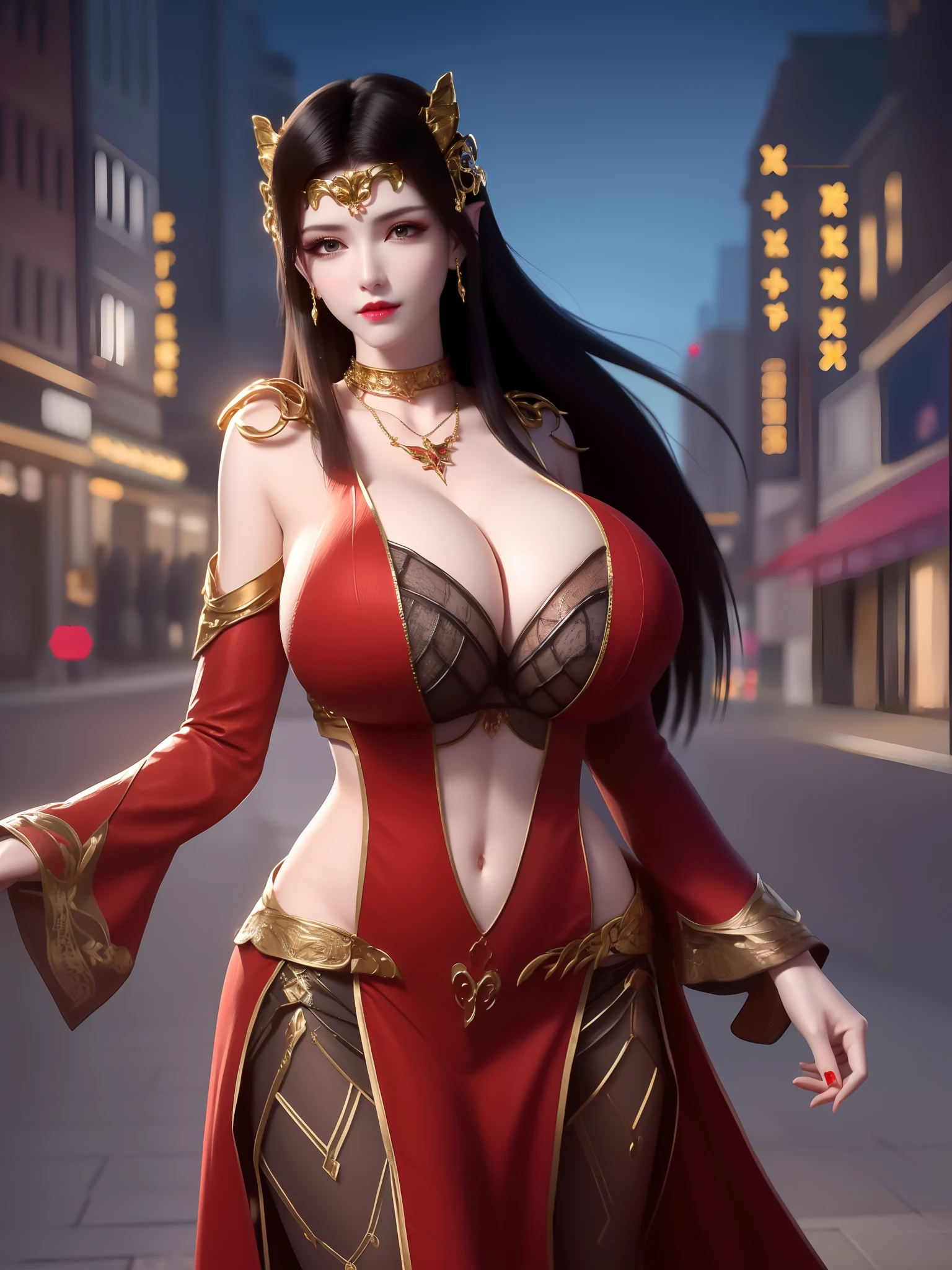 1girl,jewelry,long hair, hair ornament, necklace, cutout,navel, (huge breasts:1.5), cleavage, dress, forehead jewel, pants, mature female, cityscape, night, looking at viewer,