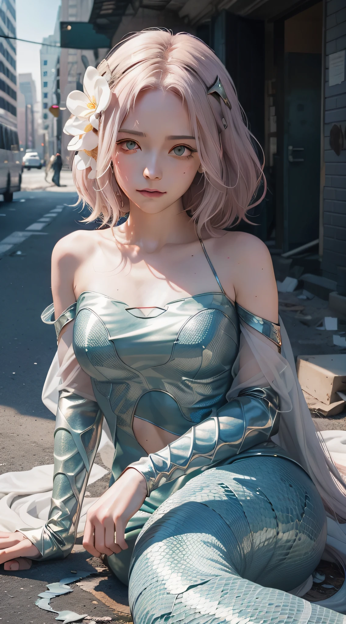 muted pastel colors, , (Lamia:1.0), scales, full bodyesbian, Expressionless, Empty eyes, Post-apocalypse, Crumbling city on background, Portrait,A princess,Girl lying on the ground