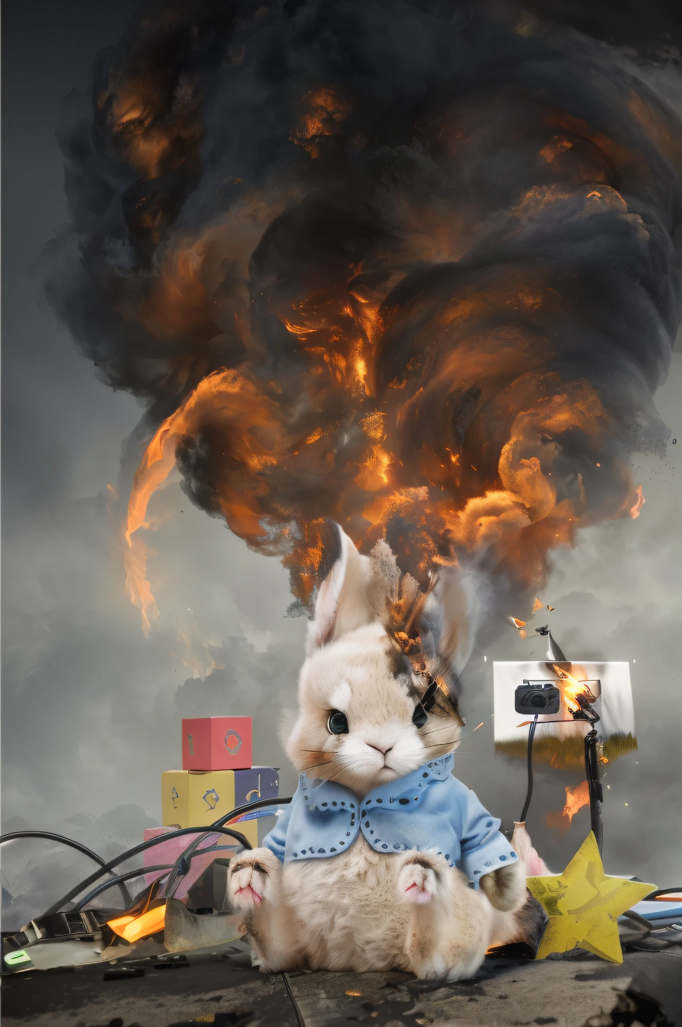 Works of masters,hyperrealistic photo,ultra HD wallpaper,White rabbit stuffed animal,Partial ear carbonization((Ultra-fine close-up)),building blocks,Star-shaped upholstery,((Accurate modeling in 3D))Get close to the shot,dense smoke,Flame Death((super exquisite details)),Socket on fire,electrical wires((3D super fine details)),Wreckage after a fire,Wide color coverage,Scene detail is extreme,lightand shade contrast,Anti-aliasing, Error details are smoothed, RAW photogr, imagem hiperrealista, Unreal Engine 4, 8K, ultra-clear, Detailed colors, Wide color coverage, Extremely high scene detail, shadowing, Anti – Aliasing, Error details are smoothed, RAW photogr, Surreal Photo, Unreal Engine 4.8K,Super sharp,Objects with extremely high scene detail,(8K,RAW photos,best qualtiy,tmasterpiece:1.2),(realisticlying,photographrealistic:1.37),Model shooting style,(Very detailed CG unified 8k wallpaper)Trends on ArtStation,Trends on CGSociety,Realistic paintings by Midjourney and the art of Greg Rutkowski,Scene details extreme objects,Error details are smoothed