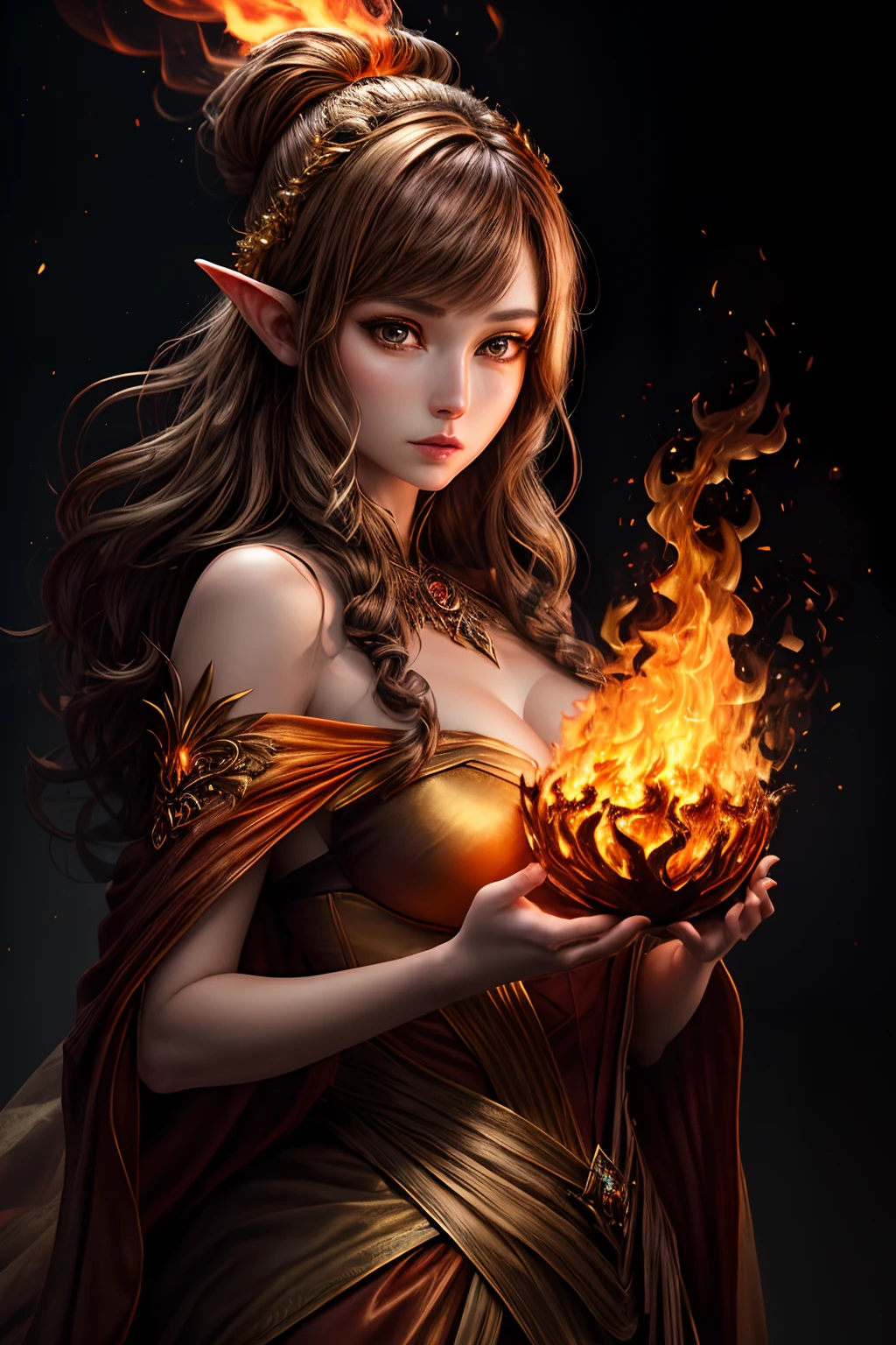 This (realistic fantasy) art contains embers, real flames, real heat, and realistic fire. Generate a masterpiece artwork of a petite female fire druid with large (((orange and gold))) eyes. The fire druid is awe-inspiring with beautiful ((realistic fiery eyes)) alight with confidence and power. Her features are elegant and well defined, with ((soft)) and (((puffy))) and (((smooth))) lips, elven bone structure, and realistic shading. Her eyes are important and should be the focal point of this artwork, with ((extremely realistic details, macro details, and shimmer.)) She is wearing a billowing and glittering gown ((made of realistic flames)) and jewels that glimmer in the fire light. Wisps of fire and smoke line the intricate bodice of the dress. Include bumps, stones, fiery iridescence, glowing embers, silk and satin and leather, an interesting background, and heavy fantasy elements. Camera: Utilize dynamic composition techniques to enhance the realistic flames.