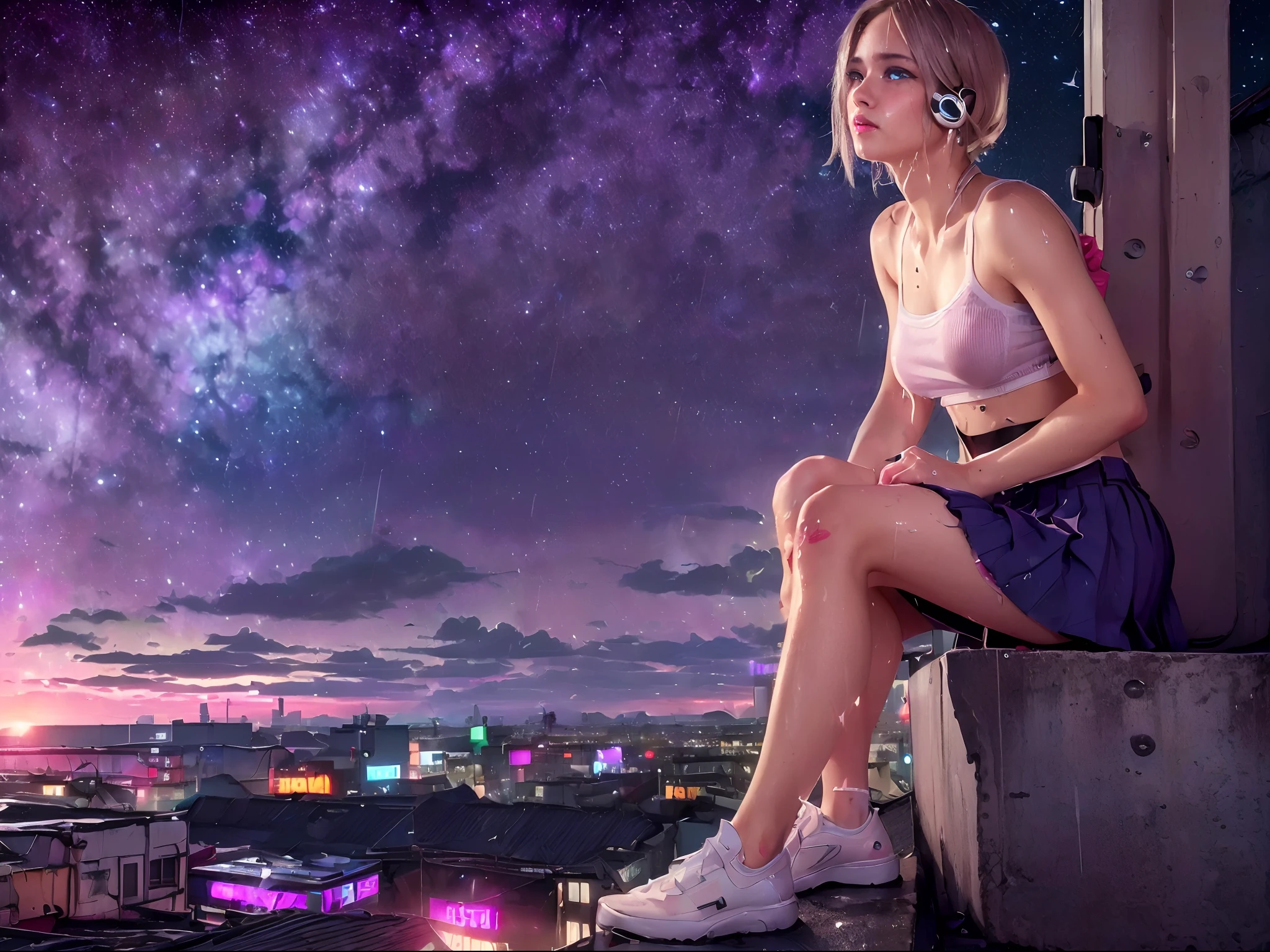 (realism:2), a girl sitting legs hanging, (on a edge roof ledge), (outdoor:1.4), (rain drop:1.5), (white school uniform, sweaty, serafuku, pleated skirt:1.5), (cityscape:1.5), (rainy city:1.45), (the milky way in the sky:1.45), (dusk:1.5), (small breasts), photoreal, panoramic anamorphic, looking across the shoulder, (beautiful sky, stars:1.65), (masterpiece), (see through:1.4), (soaking wet:1.4), (sexy:1.3), (cyber slums:1.4), (slums town on top:1.5), (cyberpunk 2077), beautiful neon city, (blue eyes:1.2), gray hair, multicolored eyes, multicolored hair, (bob cut, short hair with long strands)