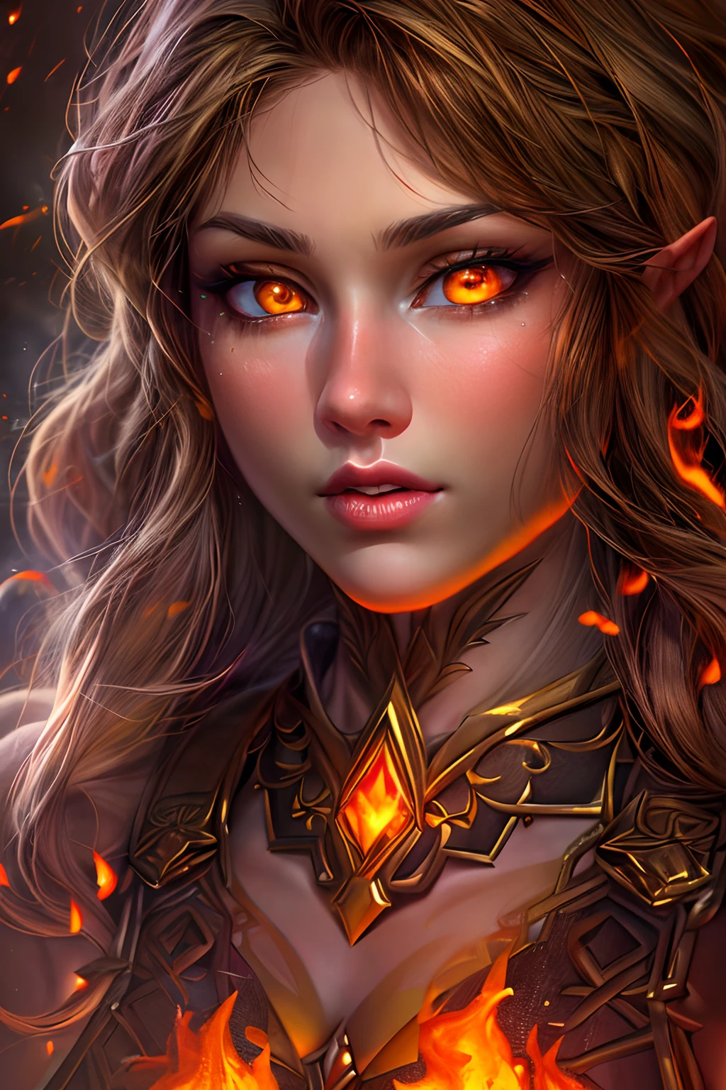 This (realistic fantasy) art contains embers, real flames, real heat, and realistic fire. Generate a masterpiece artwork of a ite female fire druid with large (((orange and gold))) eyes. The fire druid is awe-inspiring with beautiful ((realistic fiery eyes)) alight with confidence and power. Her features are elegant and well defined, with ((soft)) and (((puffy))) and (((smooth))) lips, elven bone structure, and realistic shading. Her eyes are important and should be the focal point of this artwork, with ((extremely realistic details, macro details, and shimmer.)) She is wearing a billowing and glittering gown ((made of realistic flames)) and jewels that glimmer in the fire light. Wisps of fire and smoke line the intricate bodice of the dress. Include bumps, stones, fiery iridescence, glowing embers, silk and satin and leather, an interesting background, and heavy fantasy elements. Camera: Utilize dynamic composition techniques to enhance the realistic flames.