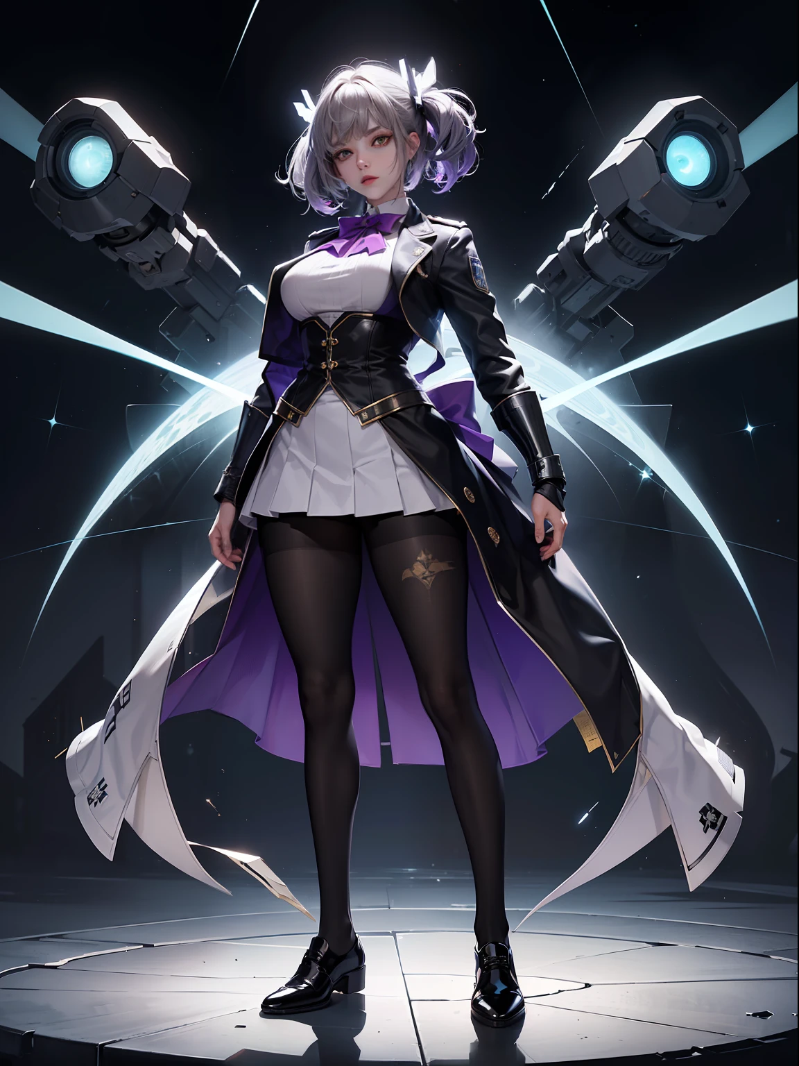 (full body:1.5)，(1girl:1.3),(looking at viewer:1.4)，(anatomy correct:1.3)，(In the paradise of the day:1.3),(Wearing Thanos suit JK uniform printed Ultra short pleated skirt and JK uniform leather shoes with bow decoration ，and Very thick Printed Pantyhose  :1.35), (Light particle effect:1.3),(In pink | amarelo | blue colors| green color |red colors | white colors| black in color| purpleish color| greys| Beige| Flesh color 1.4)，(Glowing eyes:1.3),(Large amplitude action: 1.3)，(Accurate and perfect face:1.4),(Clothing Gloss:1.25),(Skin reflection:1.25),hyper HD, Ray traching, reflective light，structurally correct, Award-Awarded, high detal, lightand shade contrast, Face lighting，cinmatic lighting, tmasterpiece, super detailing, high high quality, high detal, best qualityer, 16k，high contrast,