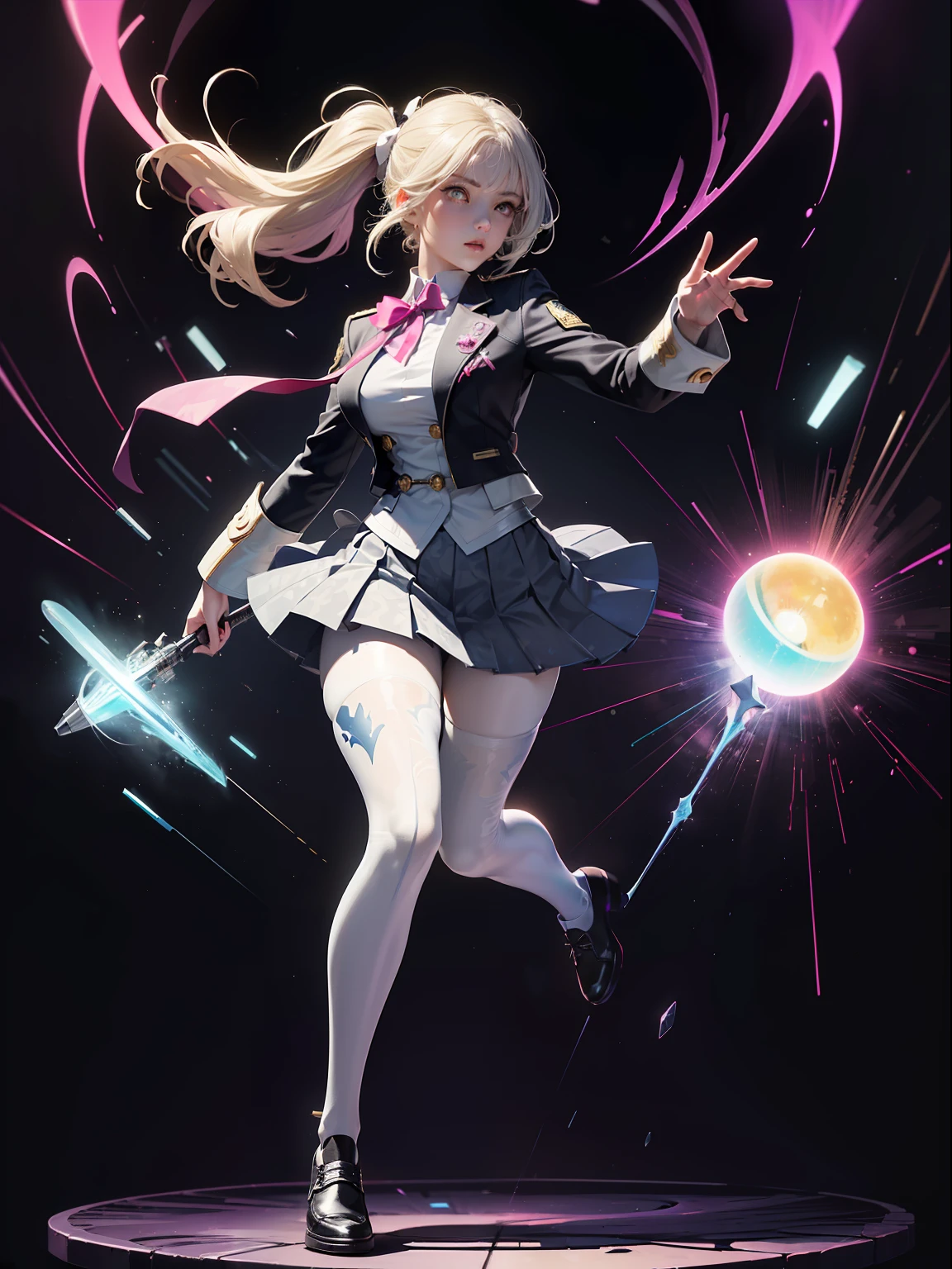 (full body:1.5),(1girl:1.3),(looking at viewer:1.4),(anatomy correct:1.3),(In the paradise of the day:1.3),(Wearing Thanos suit JK uniform printed Ultra short pleated skirt and JK uniform leather shoes with bow decoration ,and Very thick Printed Pantyhose :1.35), (Light particle effect:1.3),(In pink | amarelo | blue colors| green color |red colors | white colors| black in color| purpleish color| greys| Beige| Flesh color 1.4),(Glowing eyes:1.3),(Large amplitude action: 1.3),(Accurate and perfect face:1.4),(Clothing Gloss:1.25),(Skin reflection:1.25),hyper HD, Ray traching, reflective light,structurally correct, Award-Awarded, high detal, lightand shade contrast, Face lighting,cinmatic lighting, tmasterpiece, super detailing, high high quality, high detal, best qualityer, 16k,high contrast,