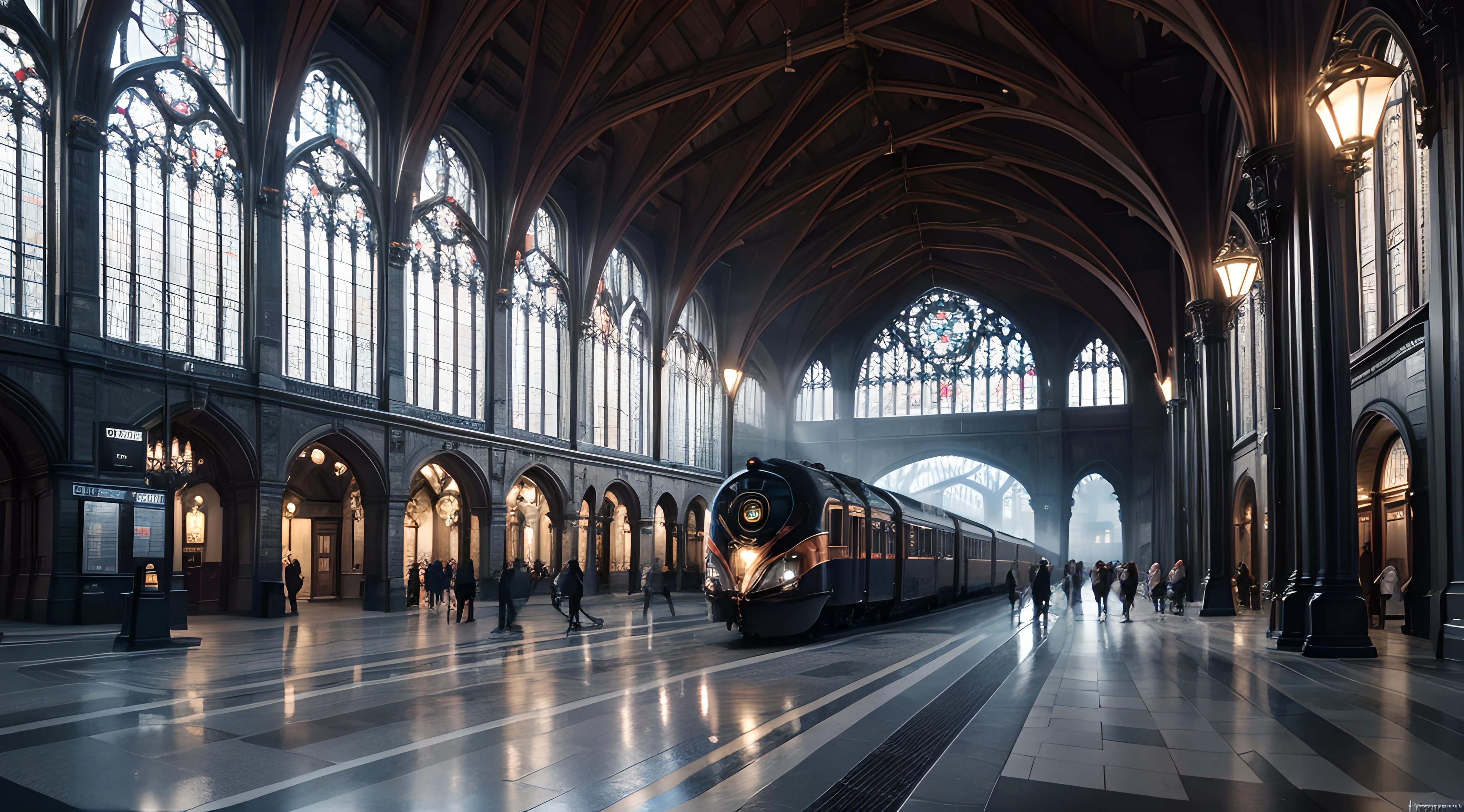 (Best quality),(masterpiece),(high detailed),a stunning rendition of a gothic train station