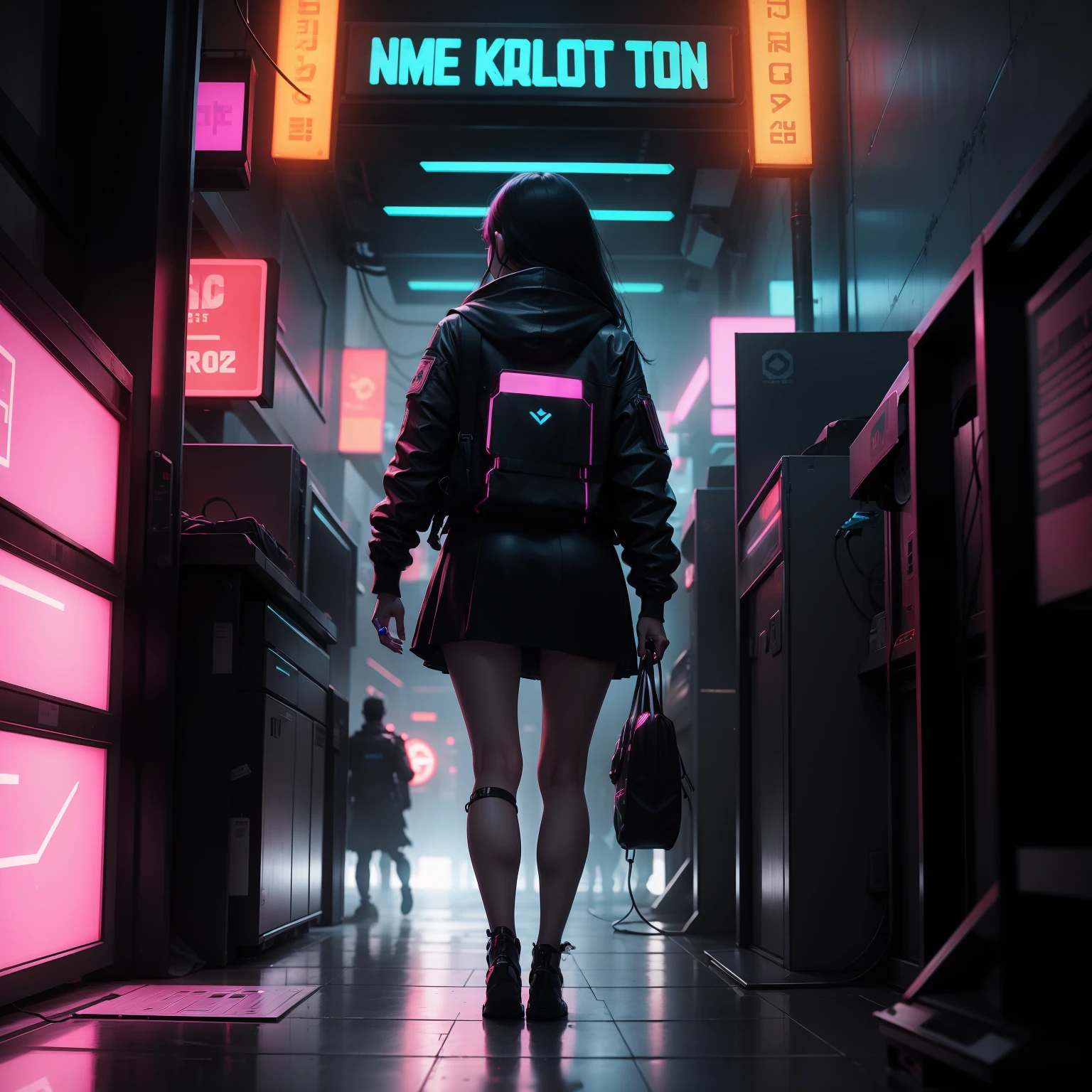cyber internet destroy, 1girl walking hold held cyber weapon, neon light