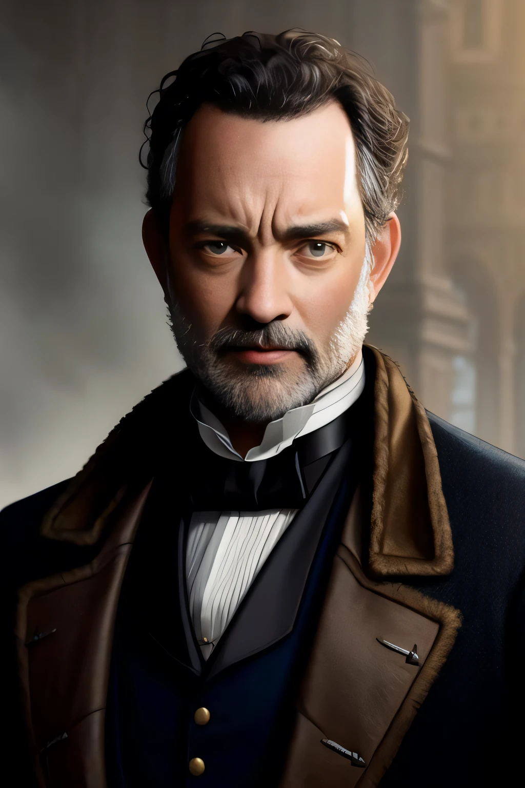 portrait of a rugged 19th century Tom Hanks with mutton chops in a jacket, victorian, concept art, detailed face, fantasy, close up face, highly detailed, cinematic lighting, digital art painting by greg rutkowski  highly detailed, artstation, smooth,  highest quality,  detailed background