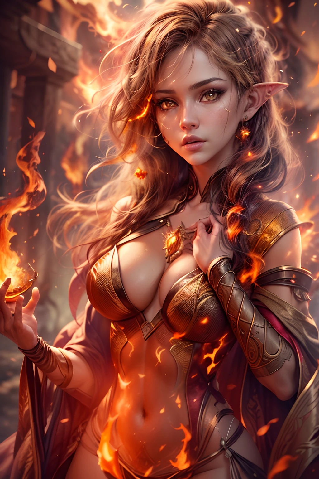 This (realistic fantasy) art contains embers, real flames, real heat, and realistic fire. Generate a masterpiece artwork of a ite female fire druid with large (((orange and gold))) eyes. The fire druid is awe-inspiring with beautiful ((realistic fiery eyes)) alight with confidence and power. Her features are elegant and well defined, with ((soft)) and (((puffy))) and (((smooth))) lips, elven bone structure, and realistic shading. Her eyes are important and should be the focal point of this artwork, with ((extremely realistic details, macro details, and shimmer.)) She is wearing a billowing and glittering gown ((made of realistic flames)) and jewels that glimmer in the fire light. Wisps of fire and smoke line the intricate bodice of the dress. Include bumps, stones, fiery iridescence, glowing embers, silk and satin and leather, an interesting background, and heavy fantasy elements. Camera: Utilize dynamic composition techniques to enhance the realistic flames.