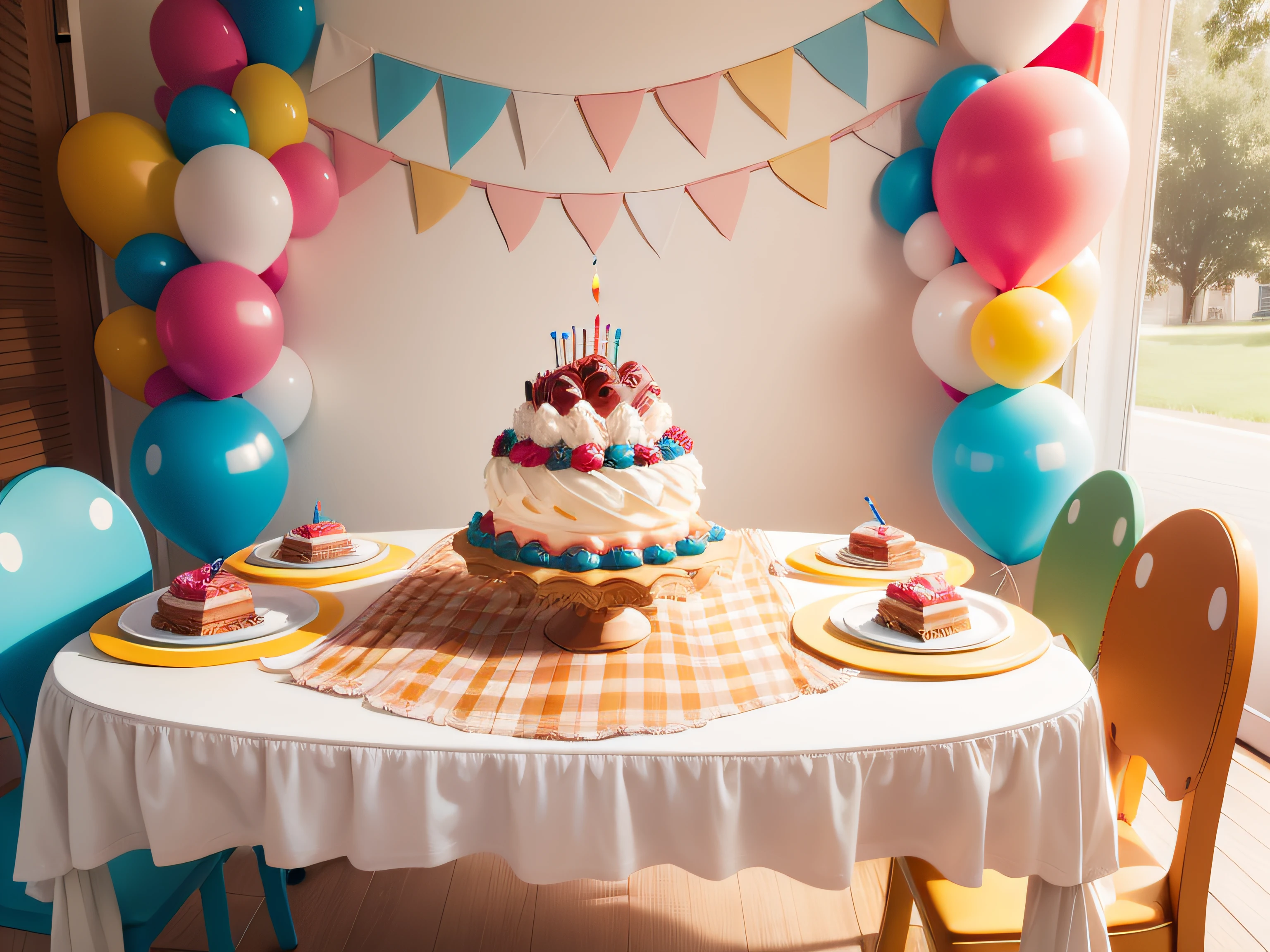 Summer birthday themed table and tableau, In a variety of shapes and colors, Realistically rendered, photo-like style.