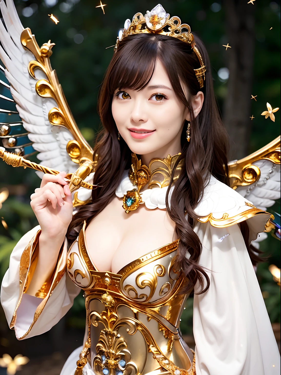 (masutepiece), Professional , masterpiece、top-quality、photos realistic , depth of fields (Gemstone Silver Metal Body:1.9),(Matte White、Particles of light、Jewel Gold Weapon(Jewel Metal Body:1.4),Gorgeous metal weapons,(Detailed and realistic angel white wings) , Detailed Sword of the Brave , Beautiful knife ,warhammer 40k , adepta sororitas,Detail and ornate jewel crown、Black hair、Gangle's forest background、Beautiful Caucasian beauty、1a person、dynamic ungle,(((Detailed and ornate diamond crown)))、Smaller head、A smile、sexypose、(Gorgeous castle background)、