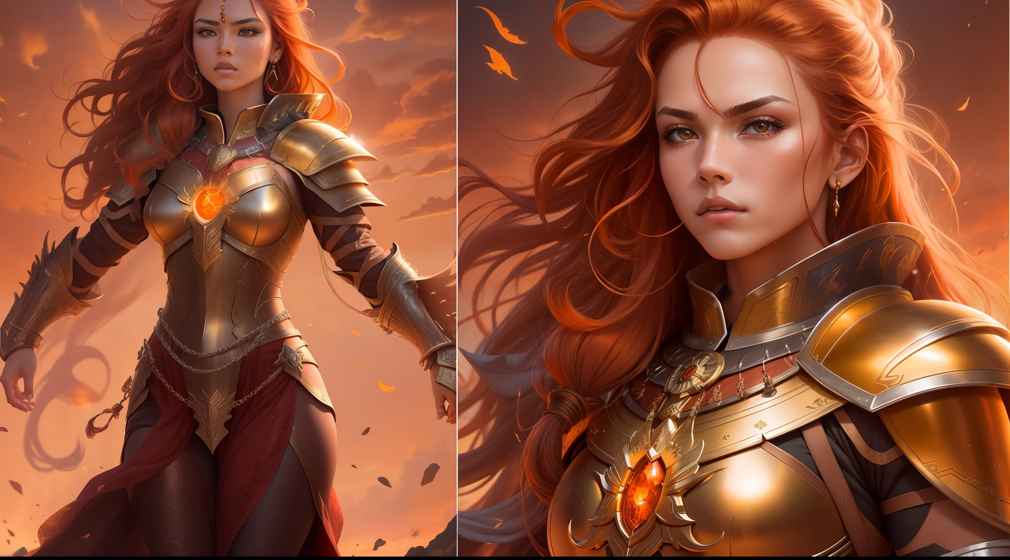 A fierce woman with flowing long red hair, adorned in a meticulously crafted bronze armor, reminiscent of ancient warrior
quebns. Medium: Photorealistic digital art. Style: A blend of fantasy and historical references, evoking the imagery of artists
like Frank Frazetta and the aesthetics of movies like "300". Lighting: The soft glow of a setting sun casting a warm golden
hue, highlighting the intricate details of her armor and the fiery strands of her hair. Colors: Rich earthy tones of bronze, deep
reds of her hair, and the golden yellows of the sunset. Composition: Nikon D850 DSLR camera, using a 70-200mm f/2.8 lens,
Resolution 45.7 megapixels, ISO sensitivity: 64, Shutter speed 1/200 second, with a focus on her intense gaze, capturing her
strength and determinad