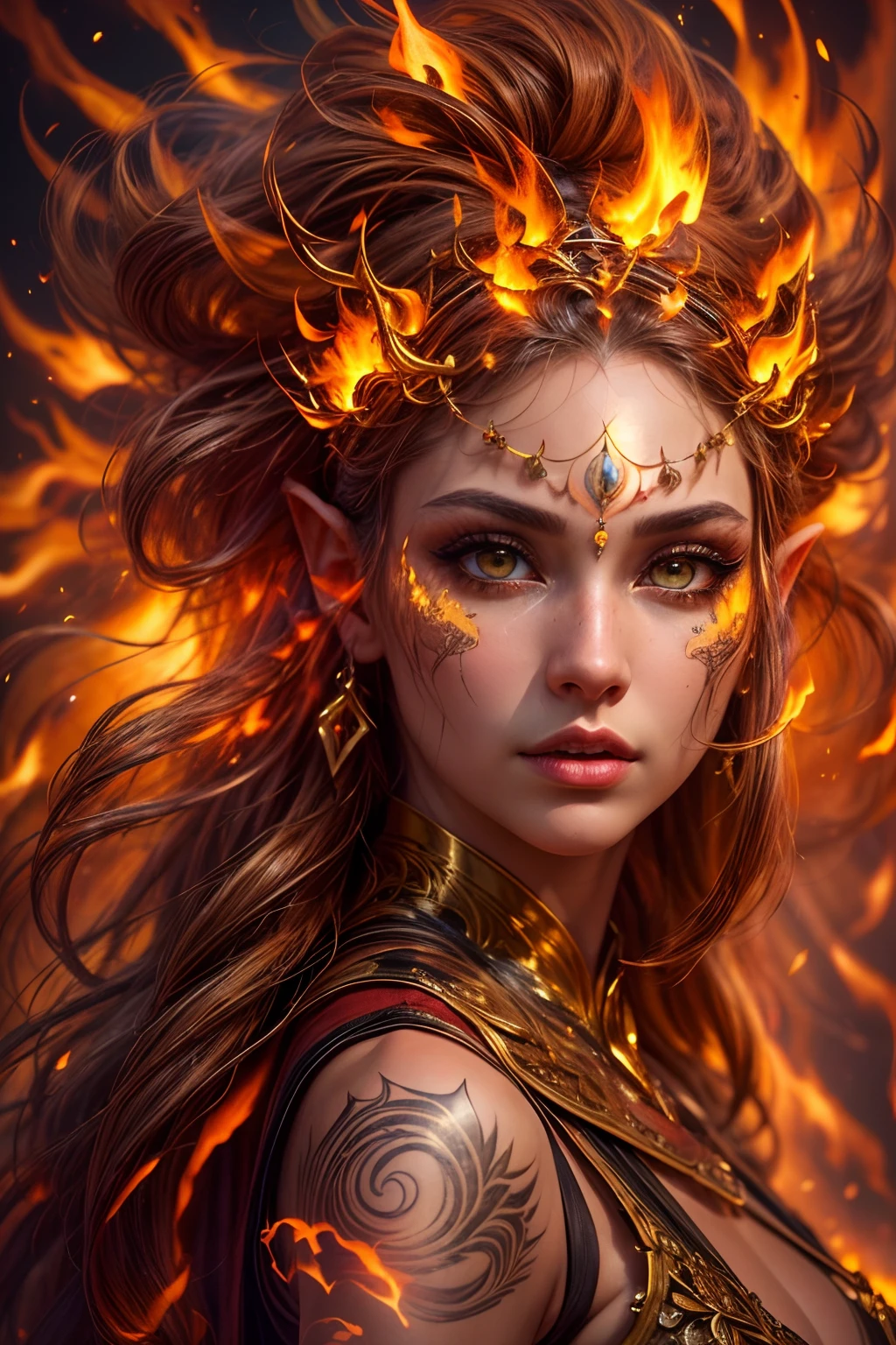 This (realistic fantasy) art contains embers, real flames, real heat, and realistic fire. Generate a masterpiece artwork of a ite female fire druid with large (((orange and gold))) eyes. The fire druid is awe-inspiring with beautiful ((realistic fiery eyes)) alight with confidence and power. Her features are elegant and well defined, with ((soft)) and (((puffy))) and (((smooth))) lips, elven bone structure, and realistic shading. Her eyes are important and should be the focal point of this artwork, with ((extremely realistic details, macro details, and shimmer.)) She is wearing a billowing and glittering gown ((made of realistic flames)) and jewels that glimmer in the fire light. Wisps of fire and smoke line the intricate bodice of the dress. Include bumps, stones, fiery iridescence, glowing embers, silk and satin and leather, an interesting background, and heavy fantasy elements. Camera: Utilize dynamic composition techniques to enhance the realistic flames.