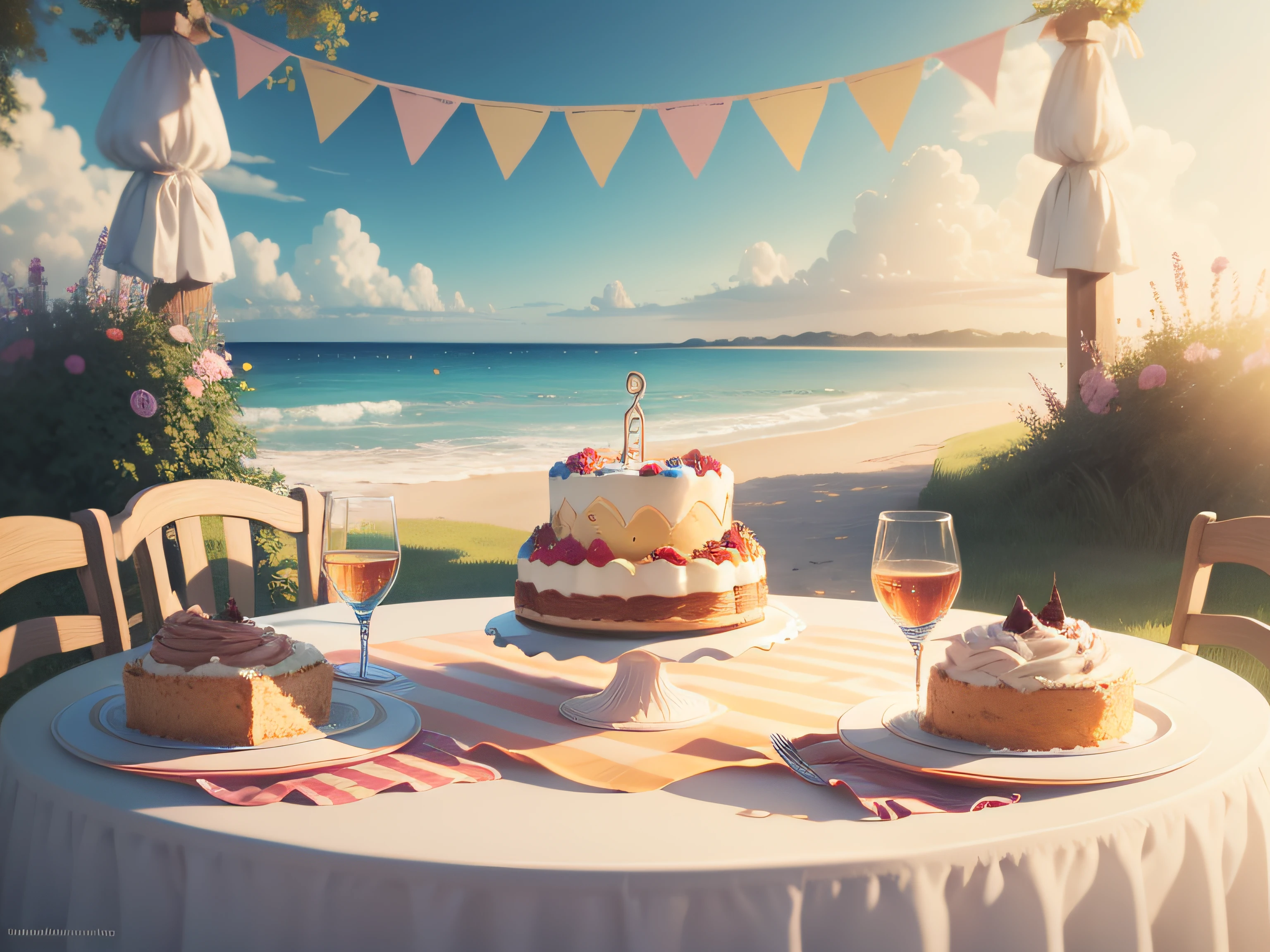 Summer birthday themed table and tableau, In a variety of shapes and colors, Realistically rendered, photo-like style.