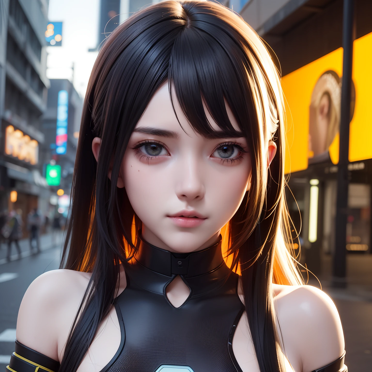 glitchpunk girl glitchkin on the streets, in the style of high dynamic range, glitch art, dark orange and yellow bronze, animated illustrations, daz3d, Glitched realism, vibrant manga, close-up intensity, japanese-inspired, Matrix effect, --ar 9:16 --s 1000 --niji 5