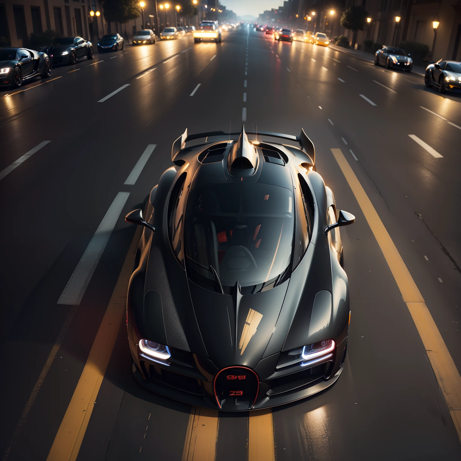 A black bugatti racing on the streets at night, artgerm style, cinematic lighting, ultra high quality resolution, photorealistic image, 12k, unreal engine rendered
